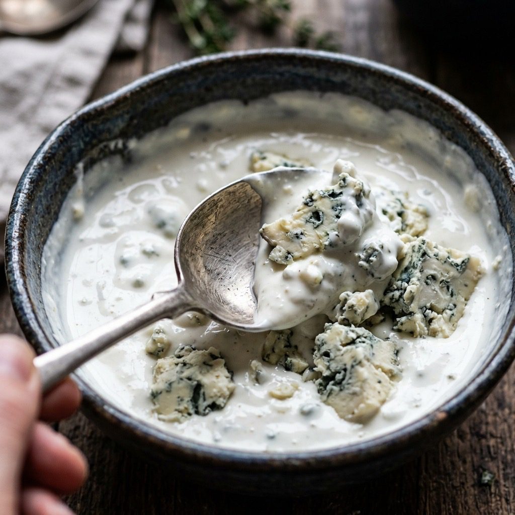 Extreme close-up action shot folding massive crumbles of blue cheese into a thick buttermilk and sour cream base