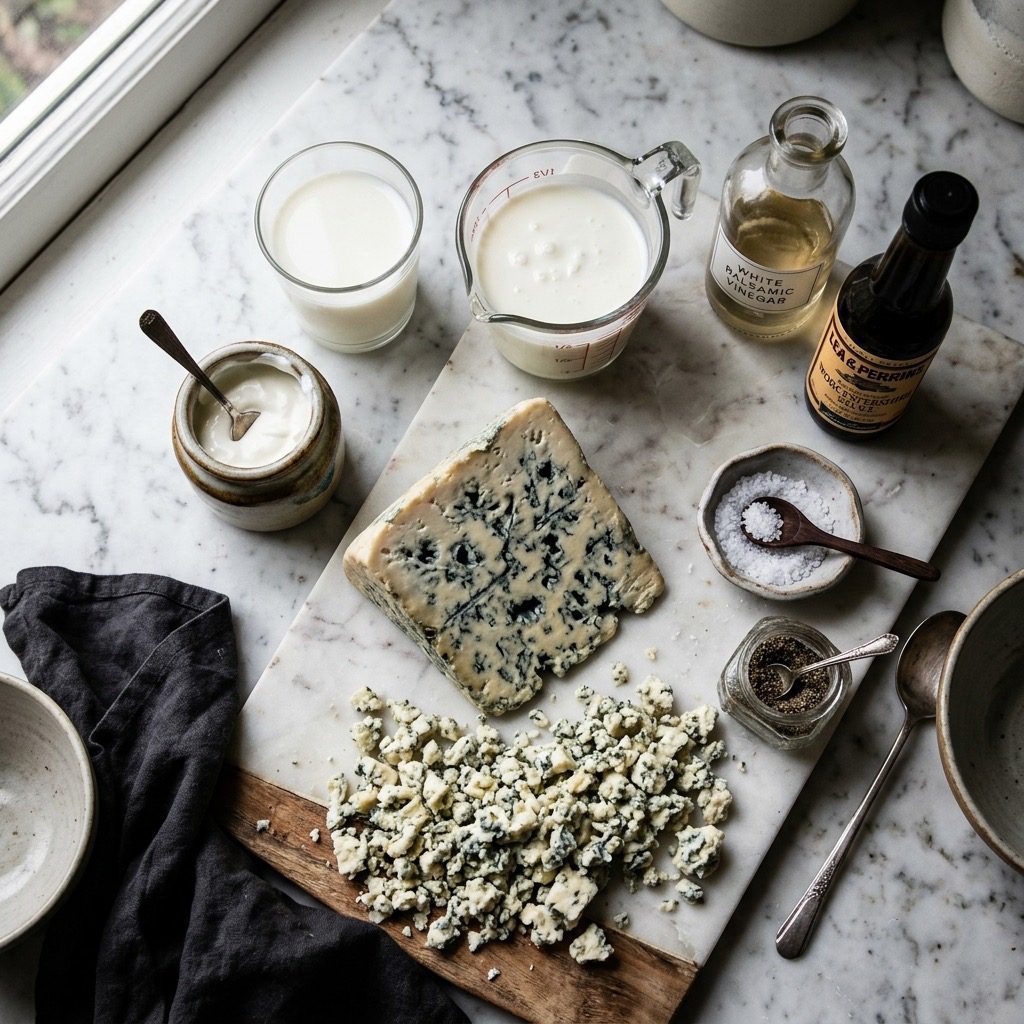 Overhead prep shot of buttermilk, whole milk, sour cream, blue cheese wedge and crumbles, white balsamic vinegar, Worcestershire sauce, salt, and pepper