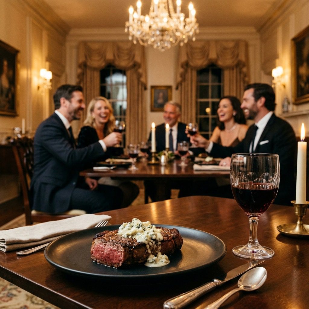An elegant, formal dinner table setting featuring a seared steak topped with Chunky Blue Cheese Dressing, with a dinner party in the background