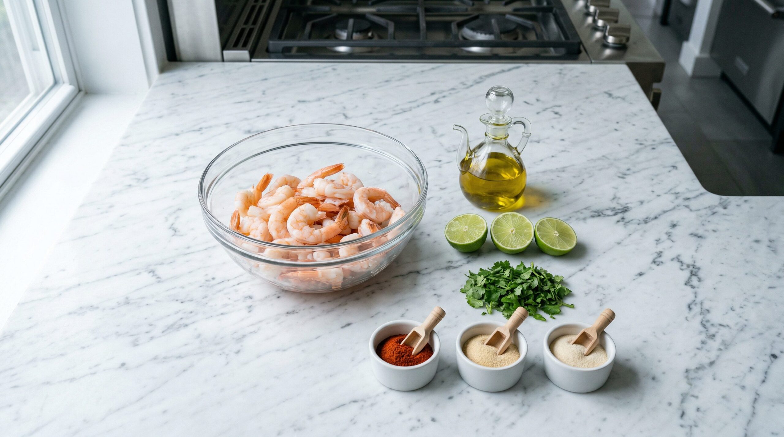 Ingredients for Cilantro Lime Shrimp arranged for preparation