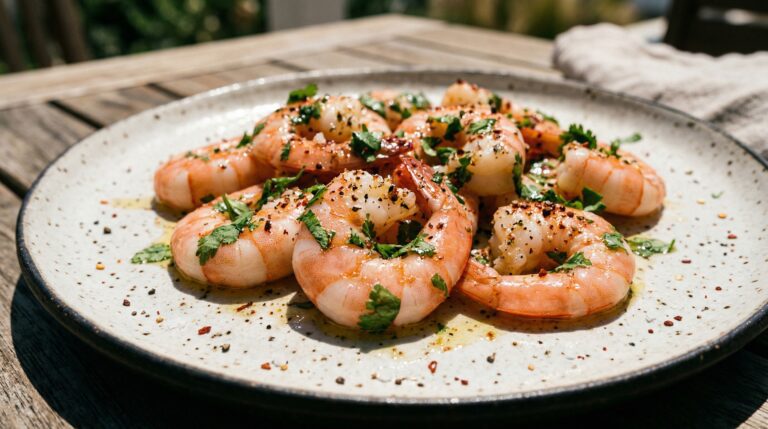 Stunning plated serving of Cilantro Lime Shrimp, a chef-tested recipe by Chef Jorj Morgan.