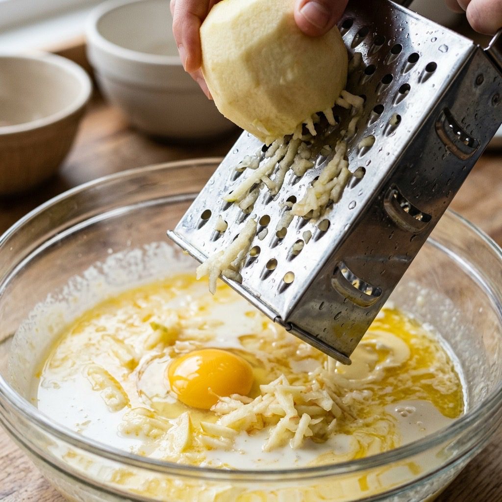 Extreme close-up action shot grating fresh apple into milk, egg, and butter