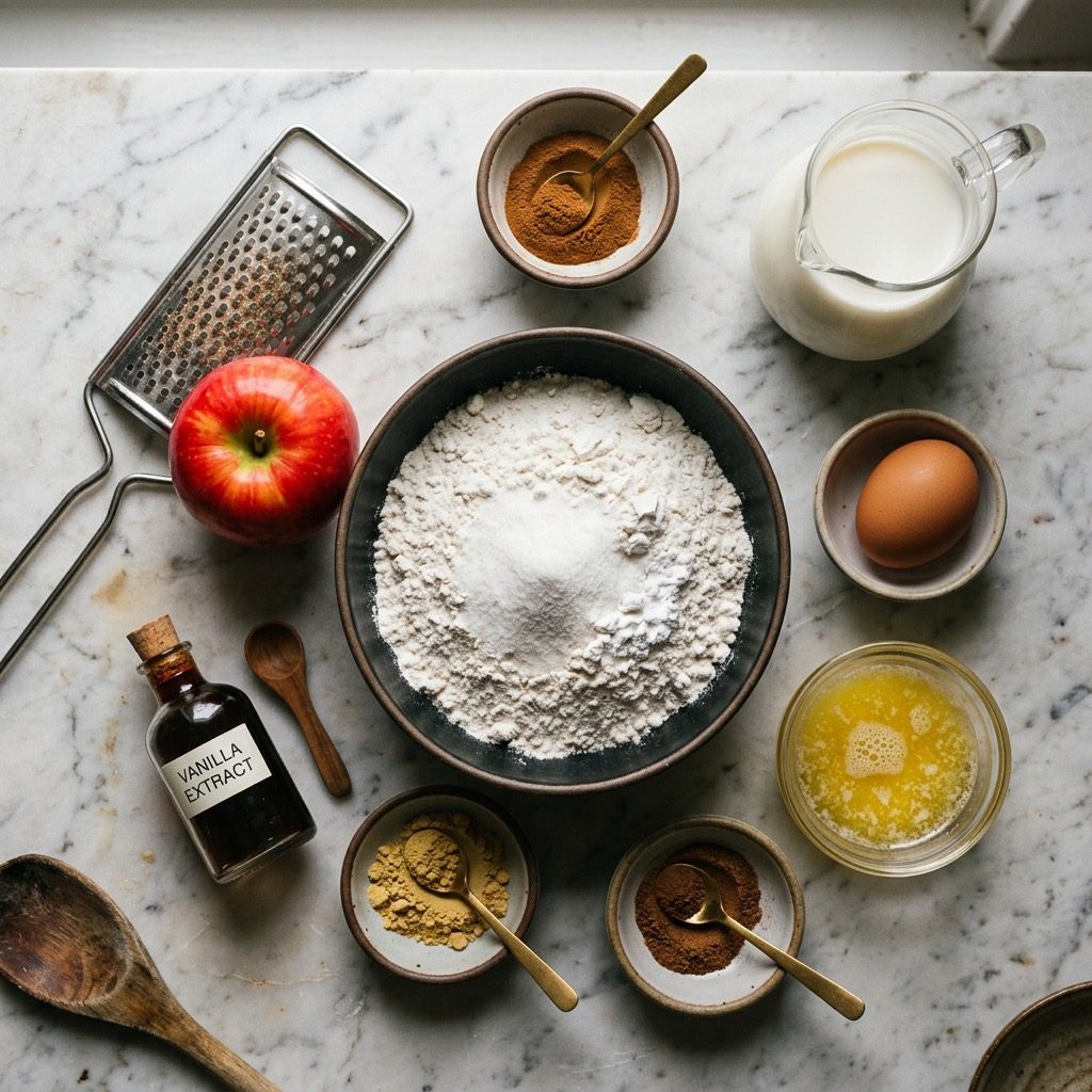 Overhead prep shot of pancake mix, cinnamon, ginger, nutmeg, milk, egg, butter, vanilla, apple, and grater on marble