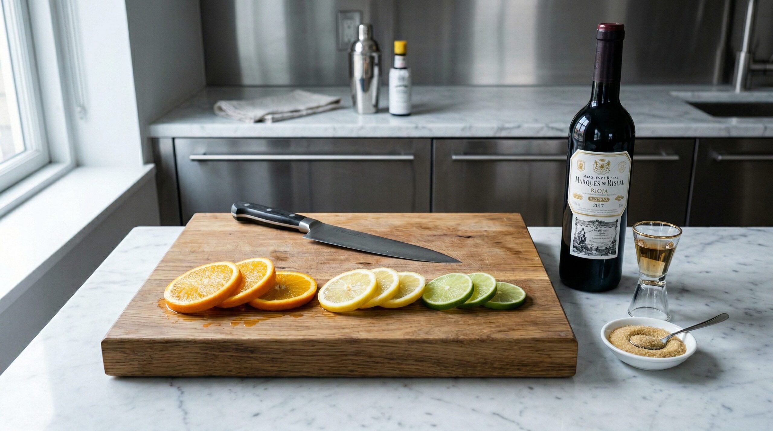 Red Wine Sangria ingredients on a wooden board: a bottle of Rioja, sliced citrus pinwheels, cane sugar, and Cointreau