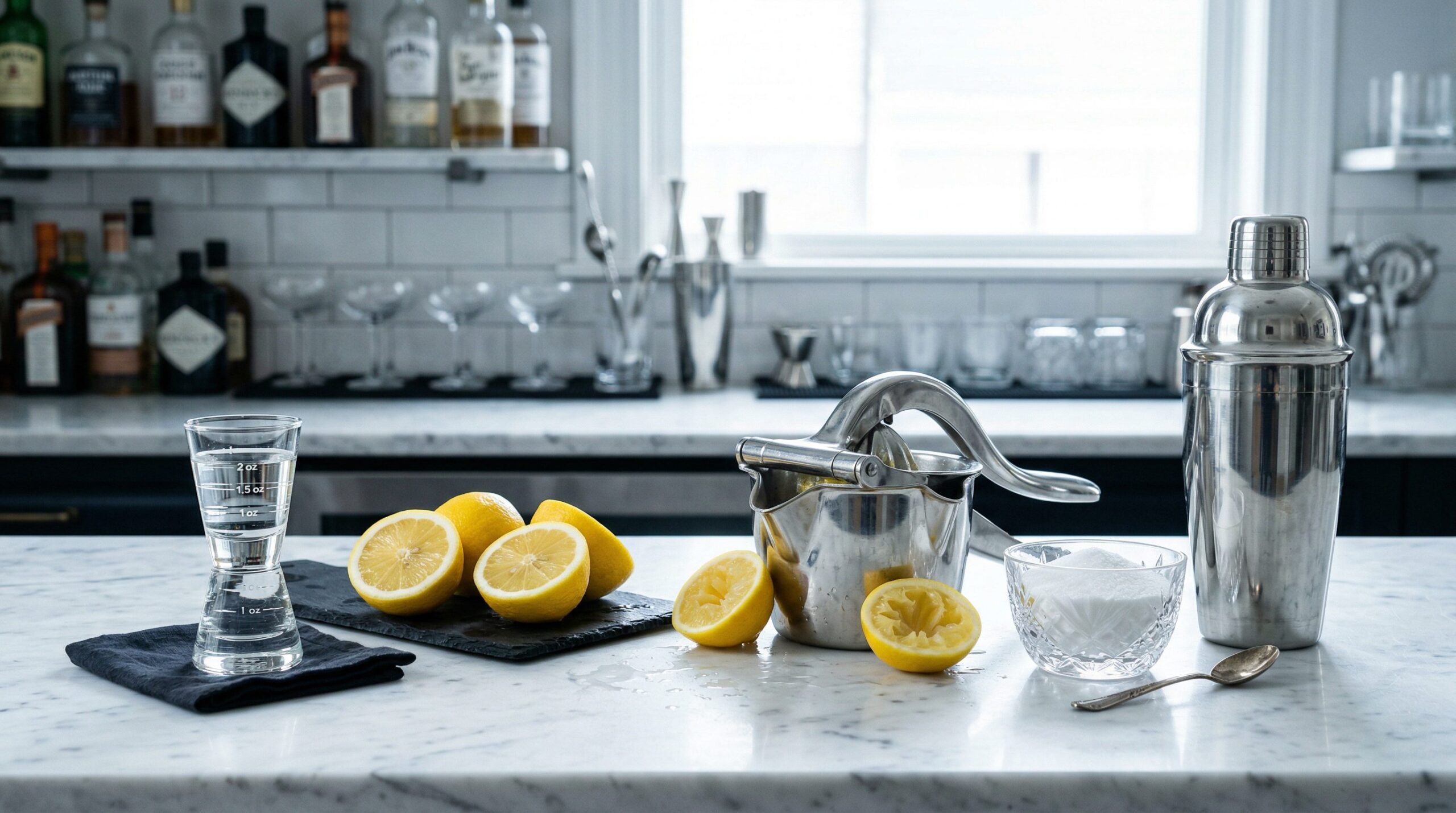 Lemon Sugar Rush Drop ingredients on marble: a jigger of citrus vodka, halved fresh lemons, a citrus juicer, and superfine sugar