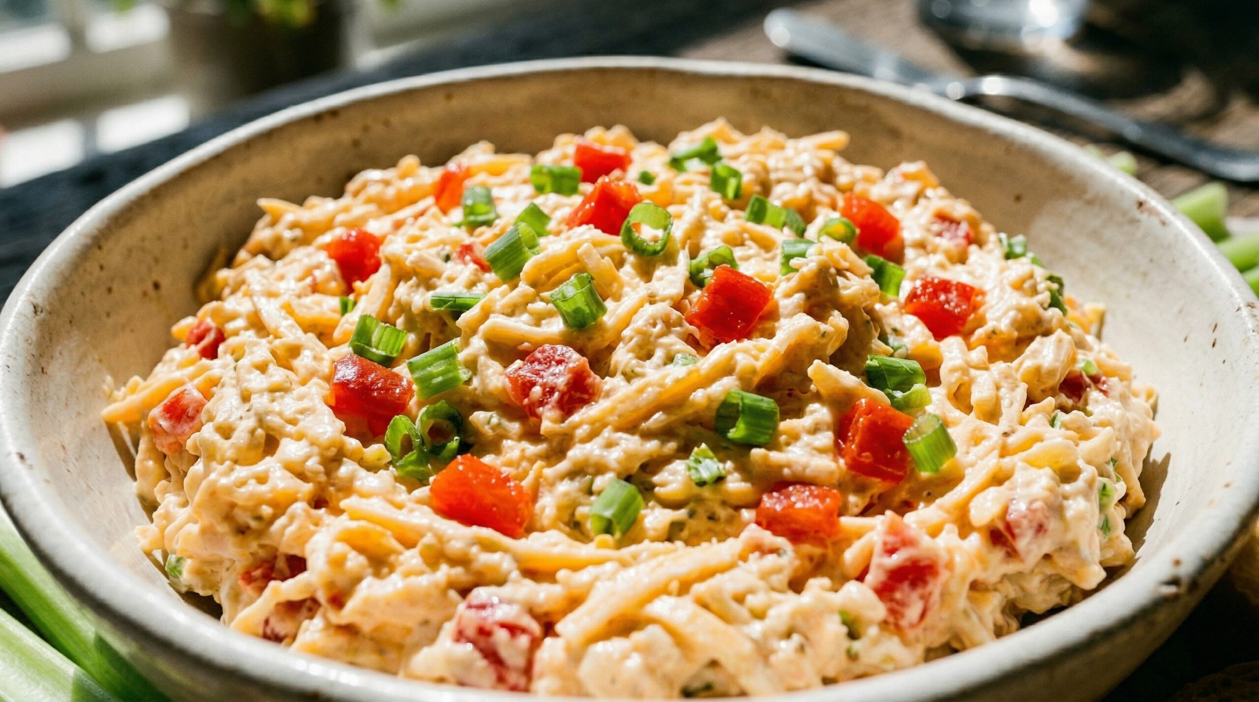 Stunning plated serving of Classic Southern Pimento Cheese Spread, a chef-tested recipe by Chef Jorj Morgan.
