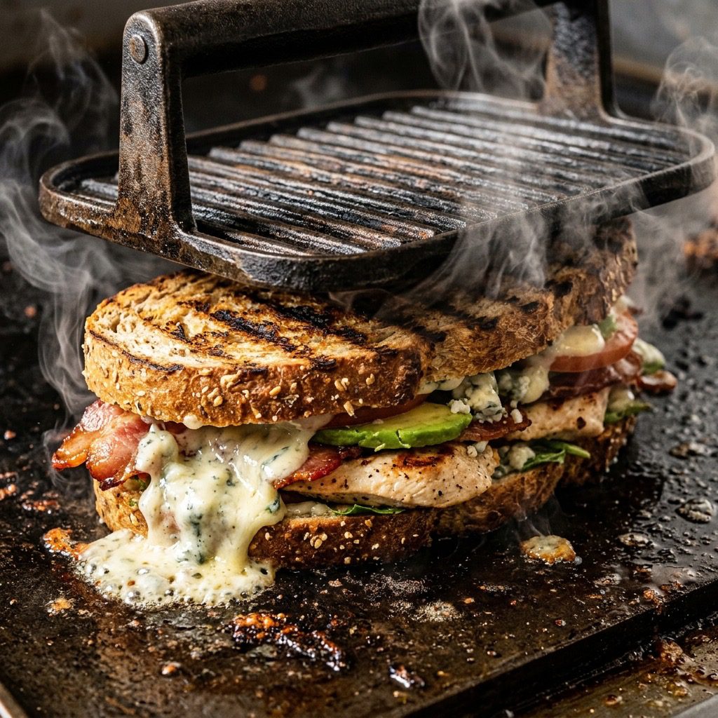 Extreme close-up action shot of a heavy cast-iron panini press pressing down onto a thick, sizzling Cobb sandwich