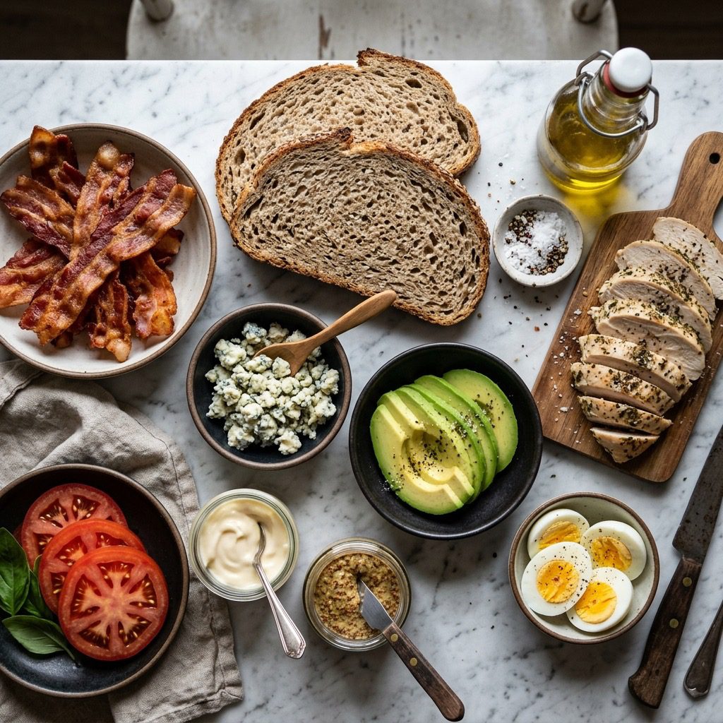 Overhead prep shot of thick whole grain bread, bacon, blue cheese, avocado, chicken, egg, tomato, and condiments on marble