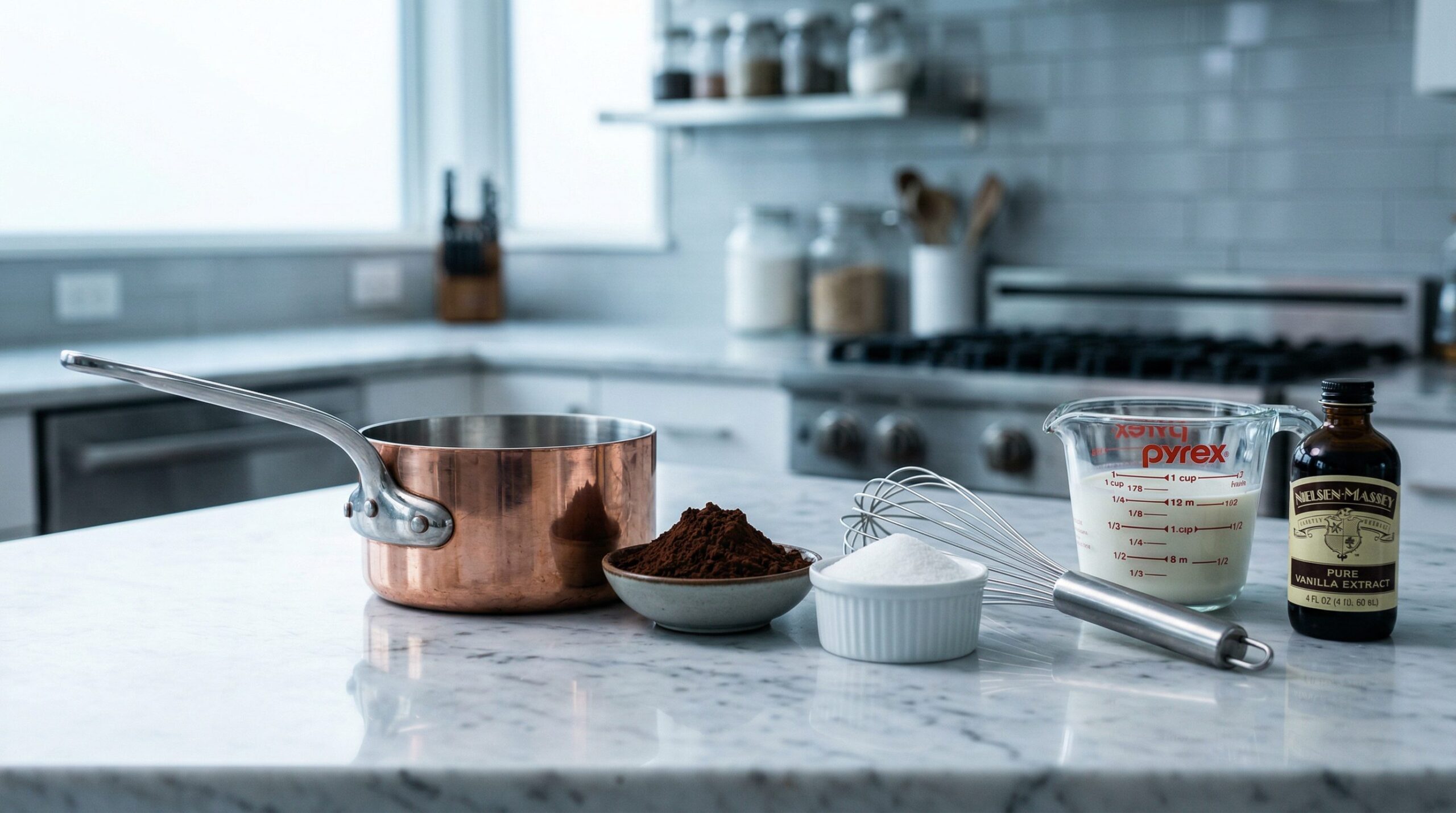Hot cocoa ingredients on marble: unsweetened cocoa powder, sugar, whole milk, half-and-half, a balloon whisk, and marshmallows