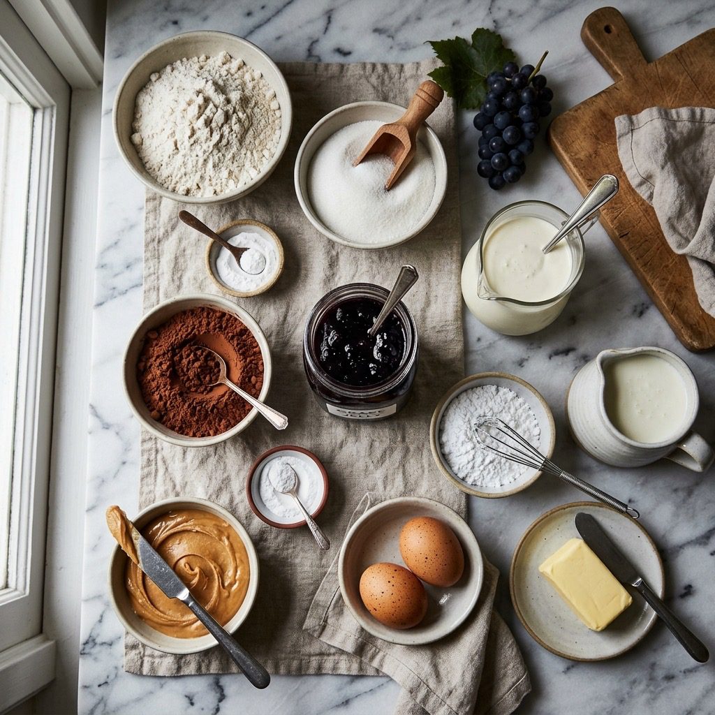 Overhead prep flat-lay of cocoa powder, flour, buttermilk, eggs, grape jelly, peanut butter, and whipping cream for Cocoa Waffles