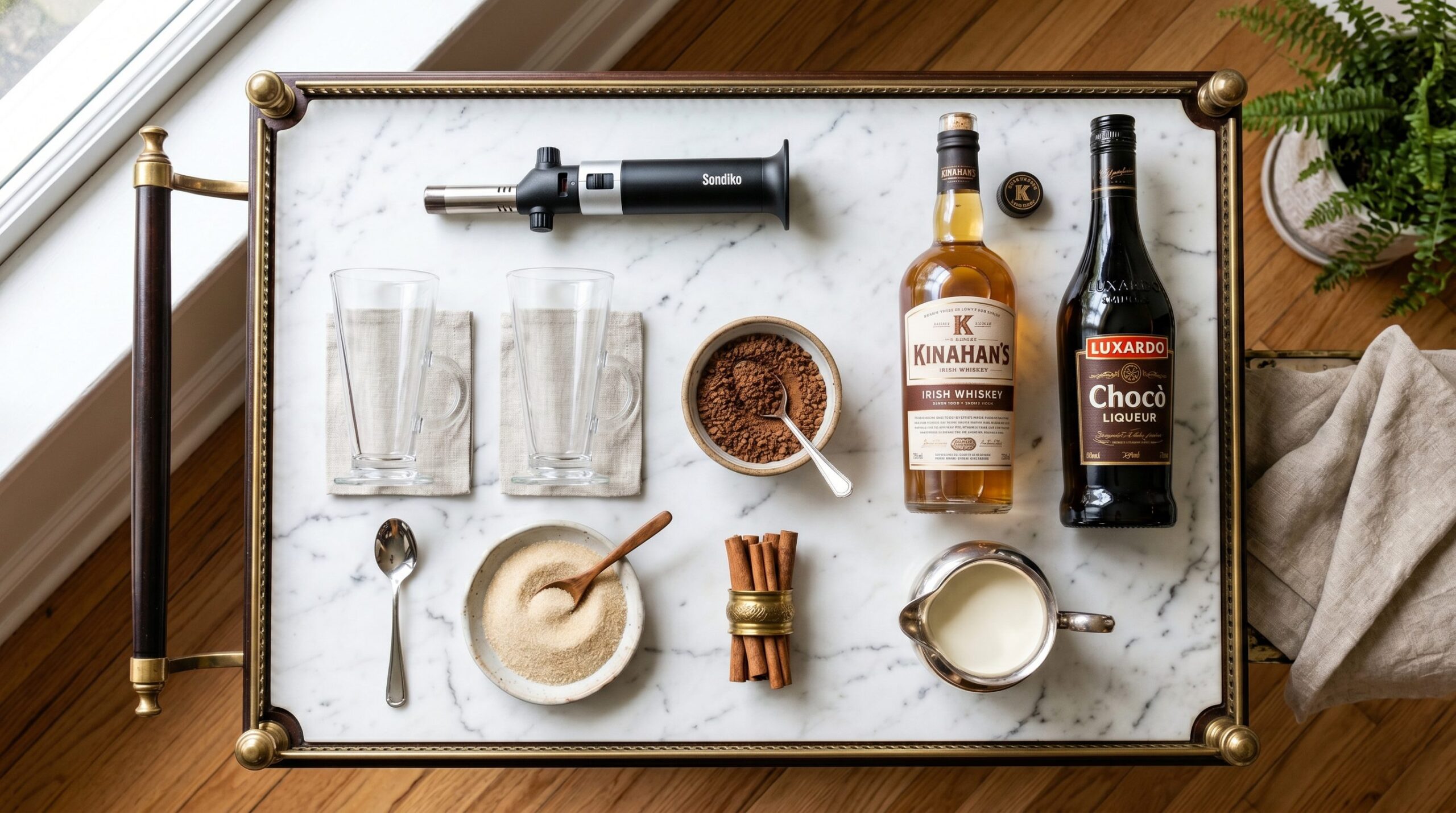 A coffee-cocktail bar cart with clear glass mugs, a kitchen torch, cinnamon sticks, Irish whiskey, cocoa, and fresh cream