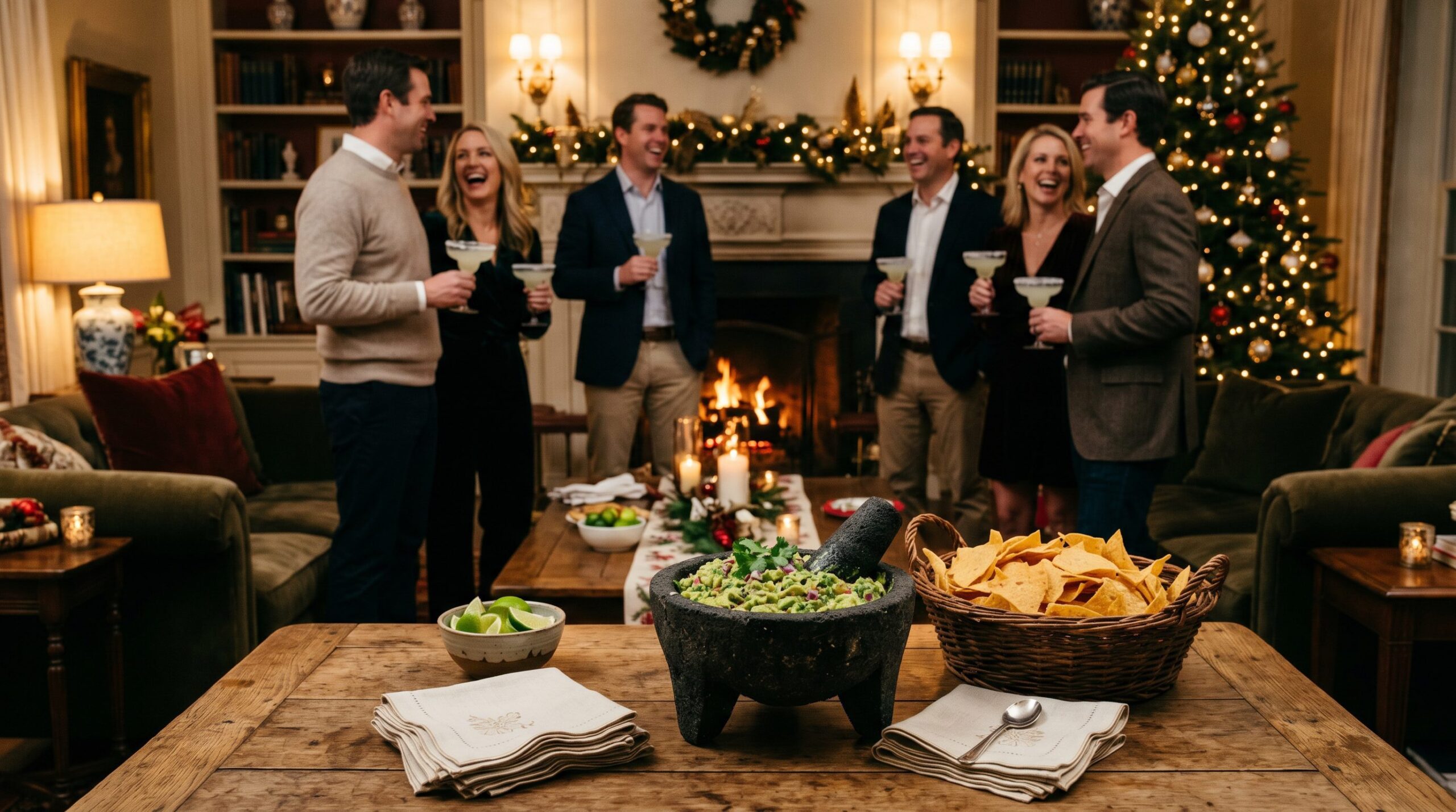 A bowl of fire-grilled guacamole surrounded by chips at a lively estate gathering