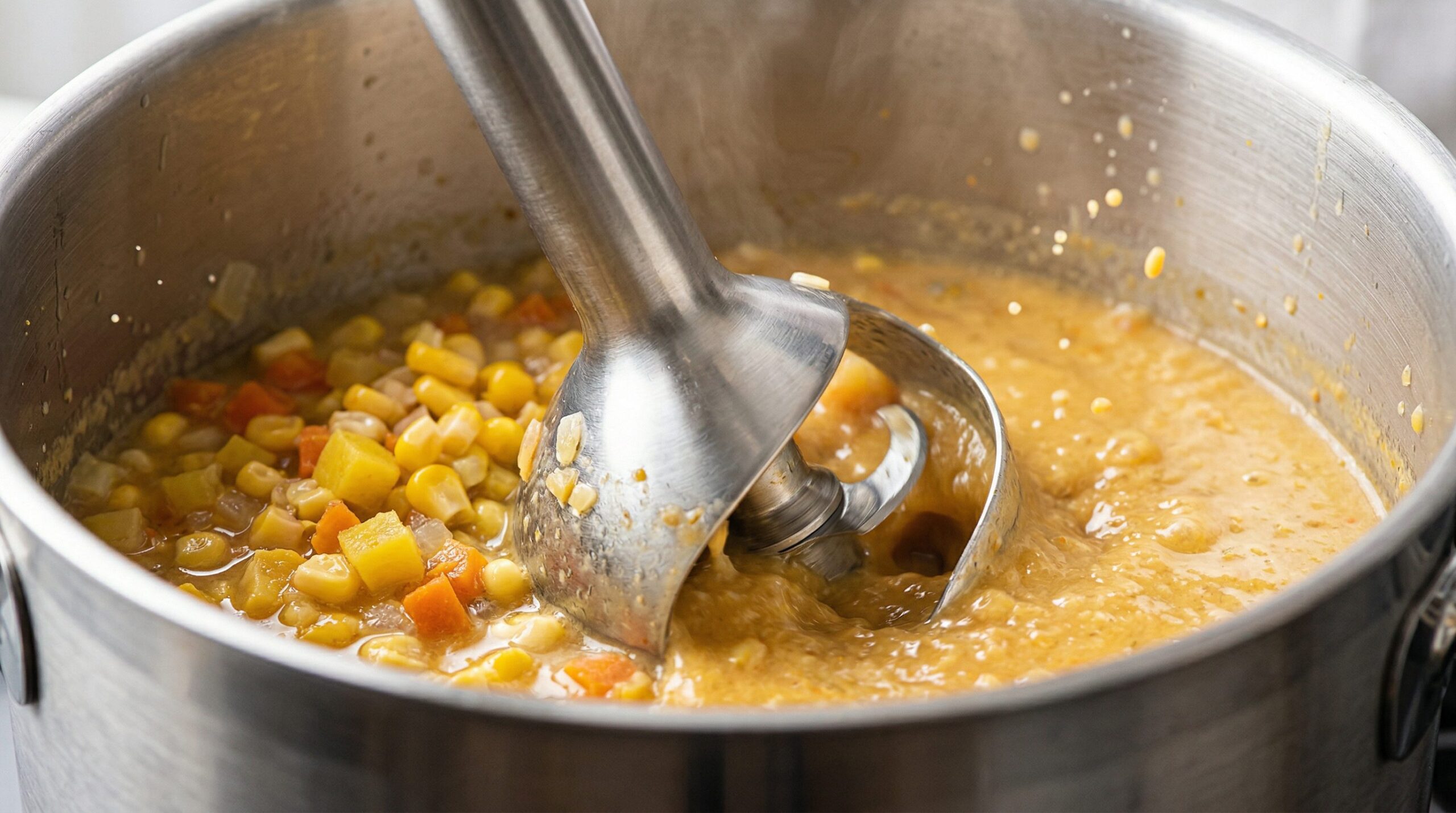 Corn bisque being blended smooth with an immersion blender