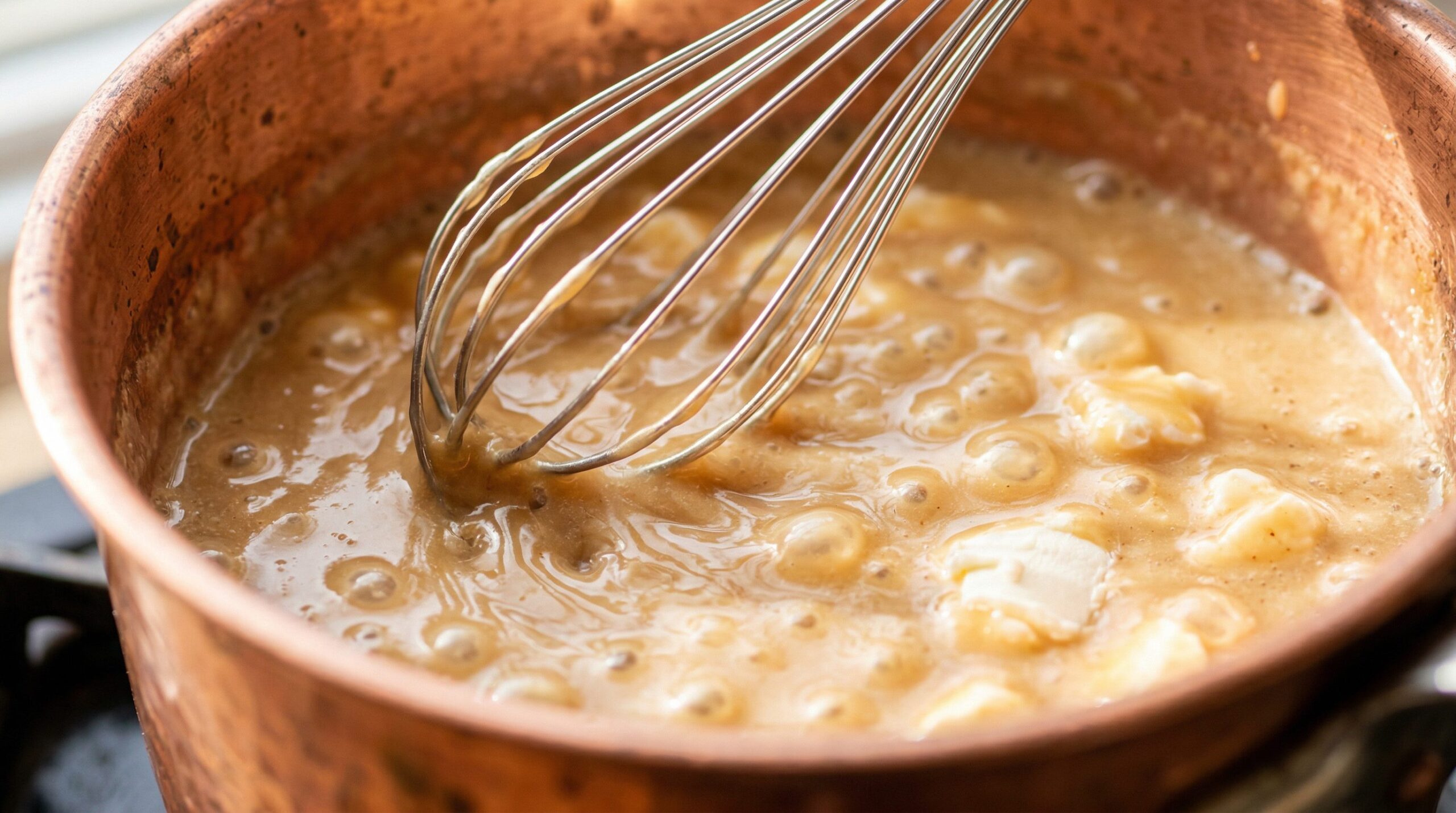 A glossy warm maple cream cheese glaze being stirred smooth in a saucepan