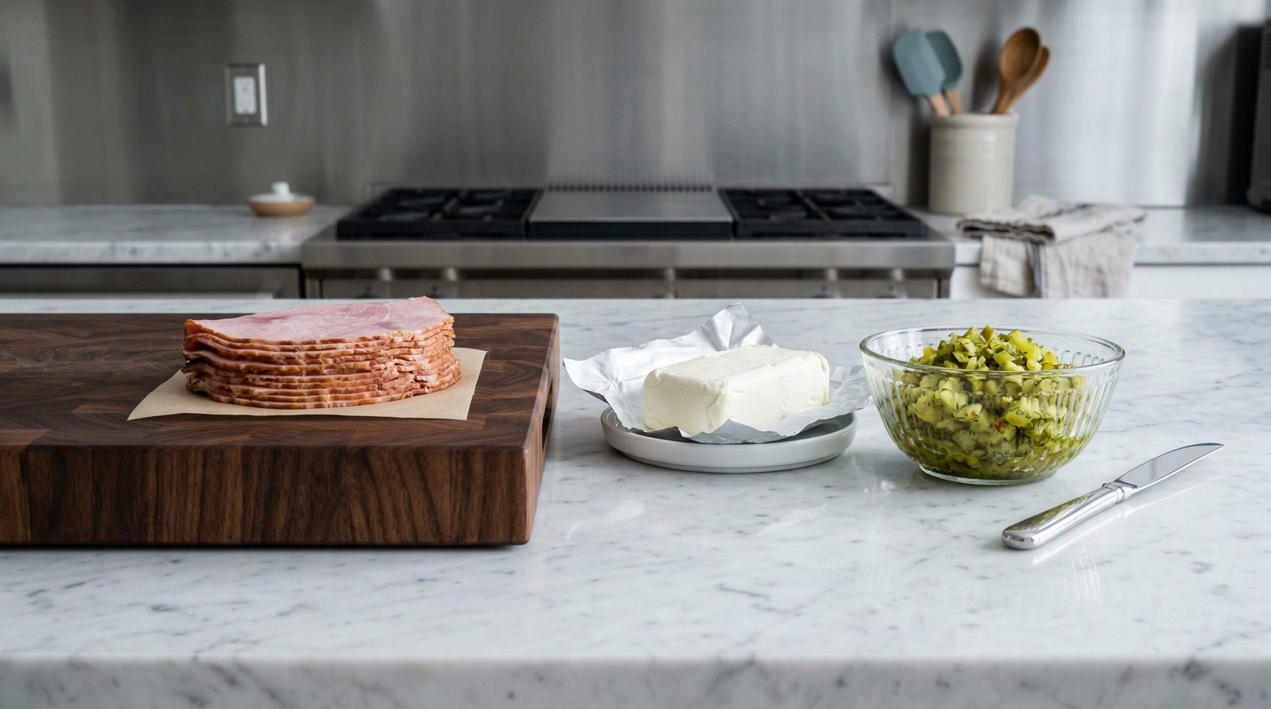 Softened cream cheese being folded with finely chopped spicy dill pickles beside slices of deli ham