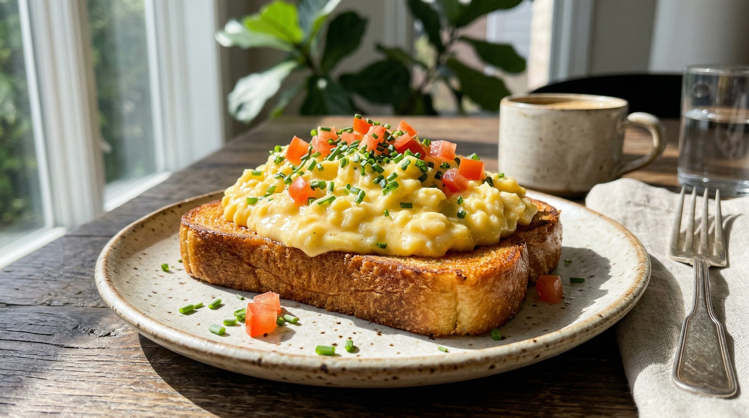 Stunning plated serving of French-Style Soft-Scrambled Eggs with Heavy Cream, a chef-tested recipe by Chef Jorj Morgan.