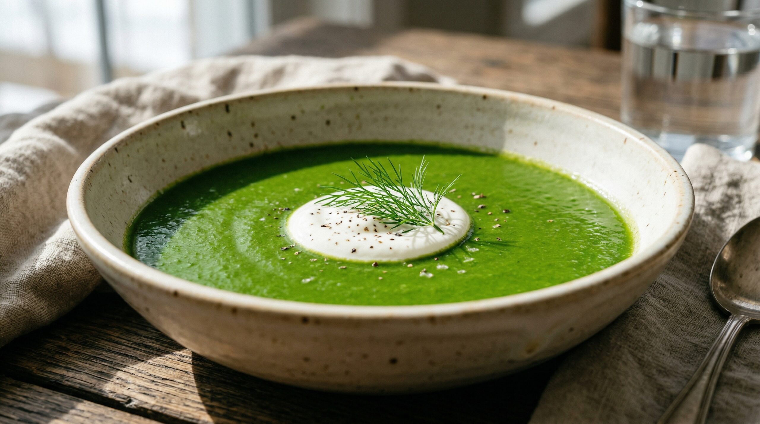 Stunning plated serving of Sweet Pea & Spinach Soup, a chef-tested recipe by Chef Jorj Morgan.