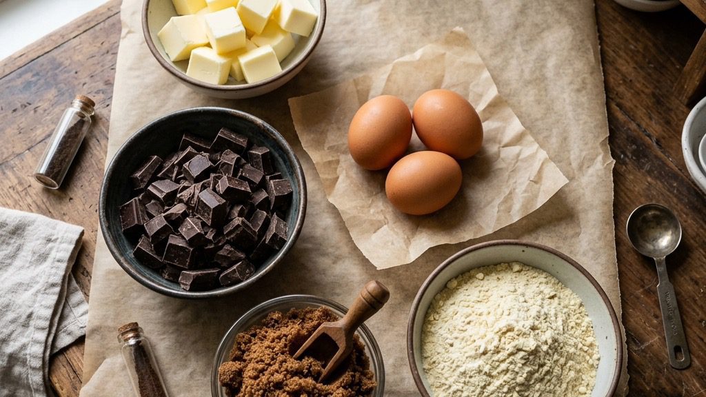 Ingredients for Fudgy Crema Dark Chocolate Brownies arranged for preparation