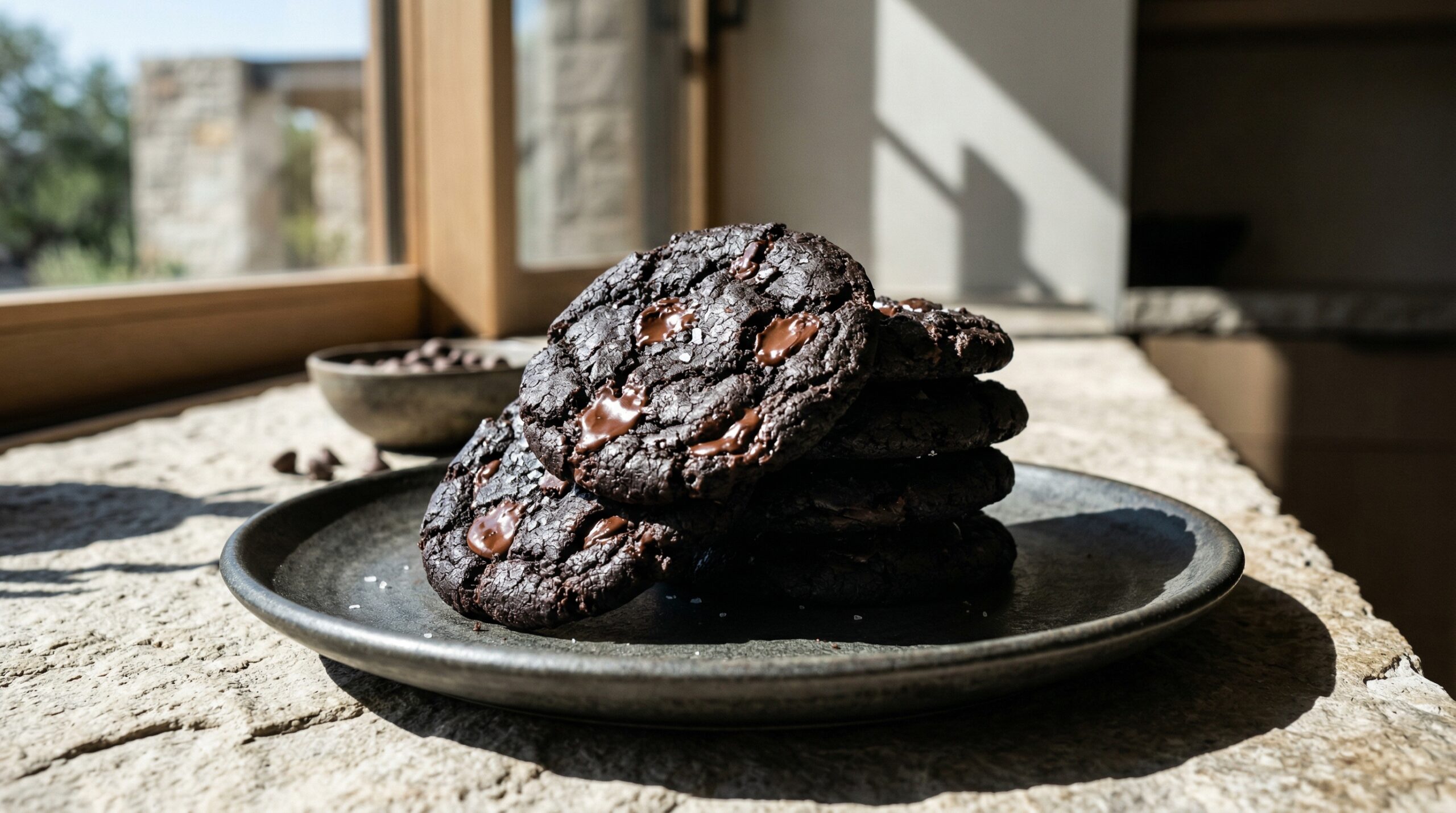 Stunning plated serving of Dark Cocoa and Espresso Chocolate Chip Cookies, a chef-tested recipe by Chef Jorj Morgan.