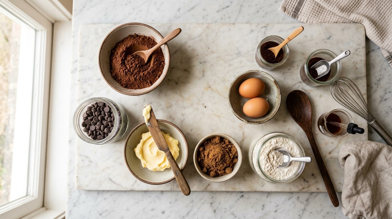 Dark cocoa powder, chocolate chips, and instant espresso arranged for Dark Cocoa and Espresso Chocolate Chip Cookies