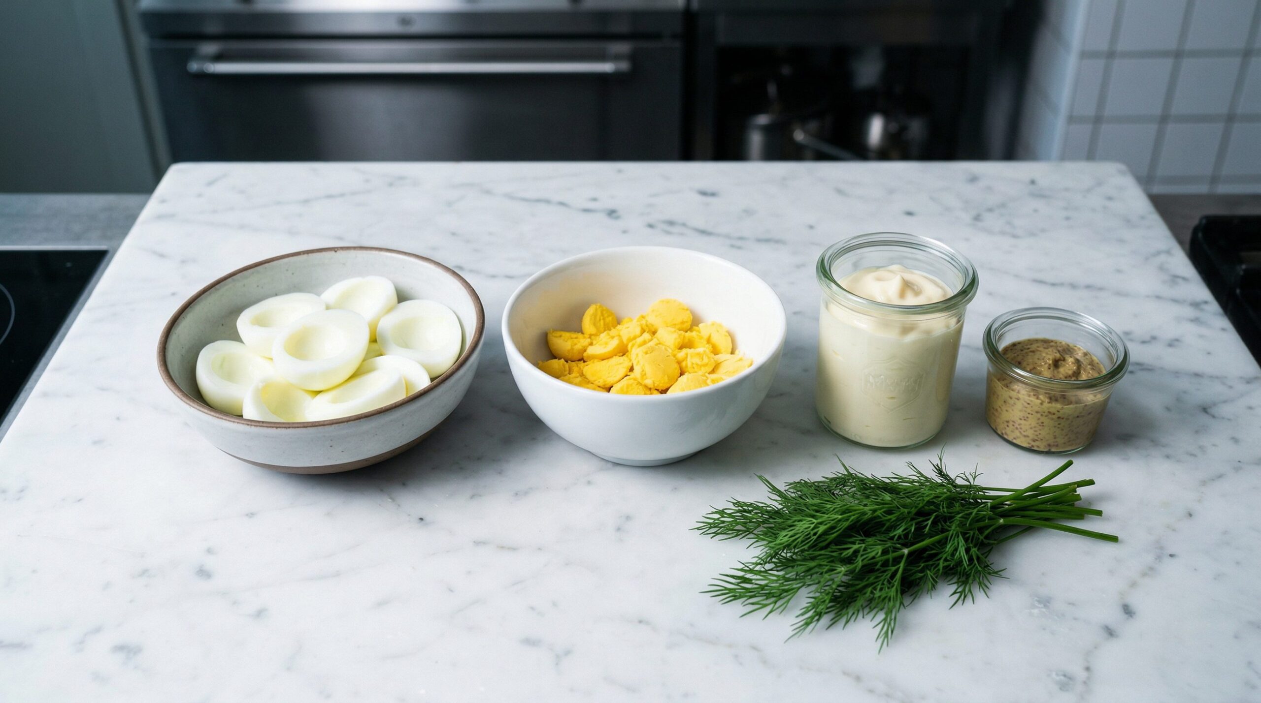 Hard-boiled egg yolks being mashed with mayonnaise, Dijon, and fresh dill beside a platter of empty egg whites