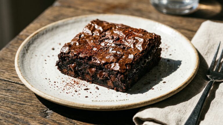 Stunning plated serving of Double Chocolate Chili Brownies, a chef-tested recipe by Chef Jorj Morgan.
