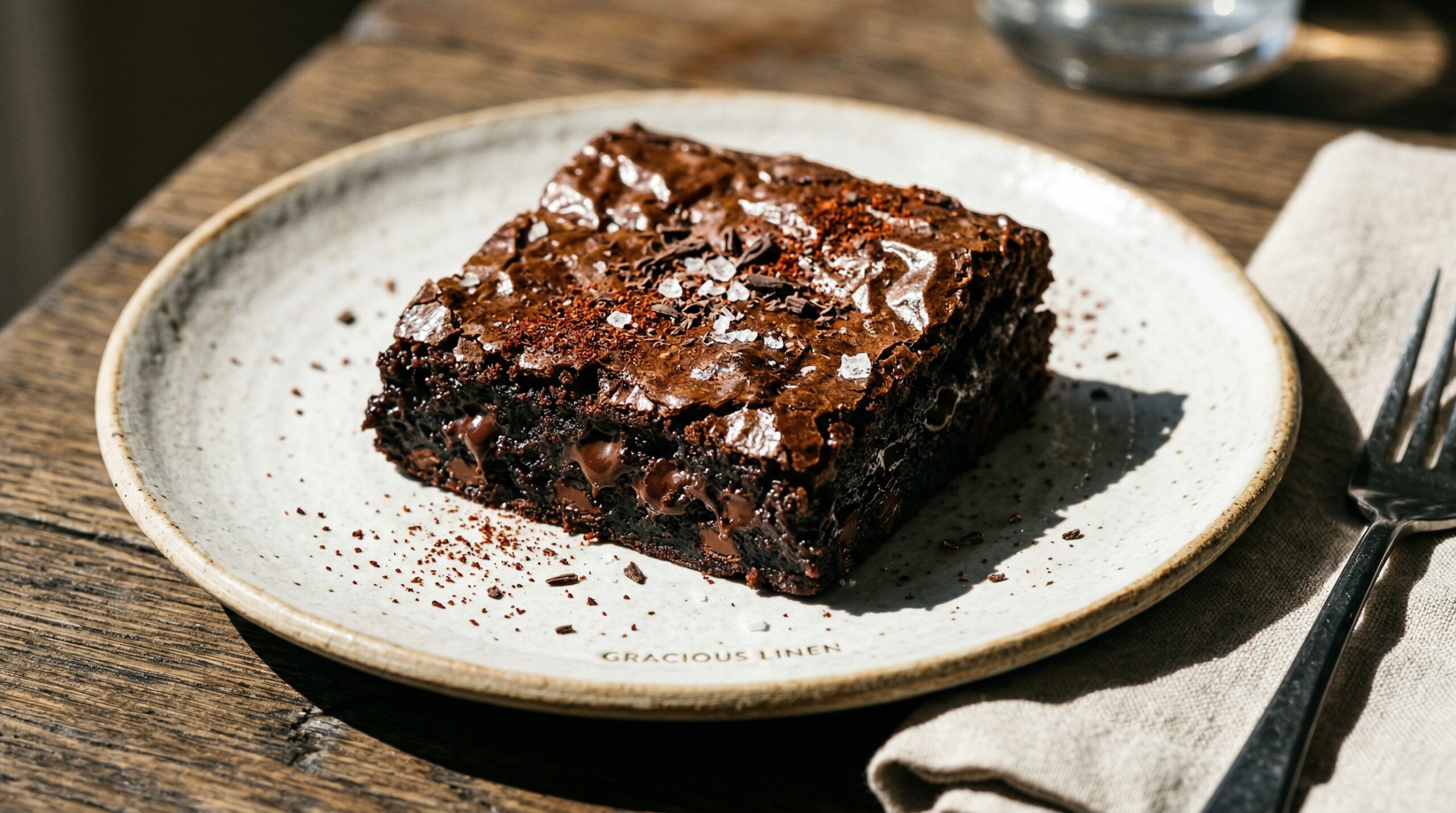 Stunning plated serving of Double Chocolate Chili Brownies, a chef-tested recipe by Chef Jorj Morgan.