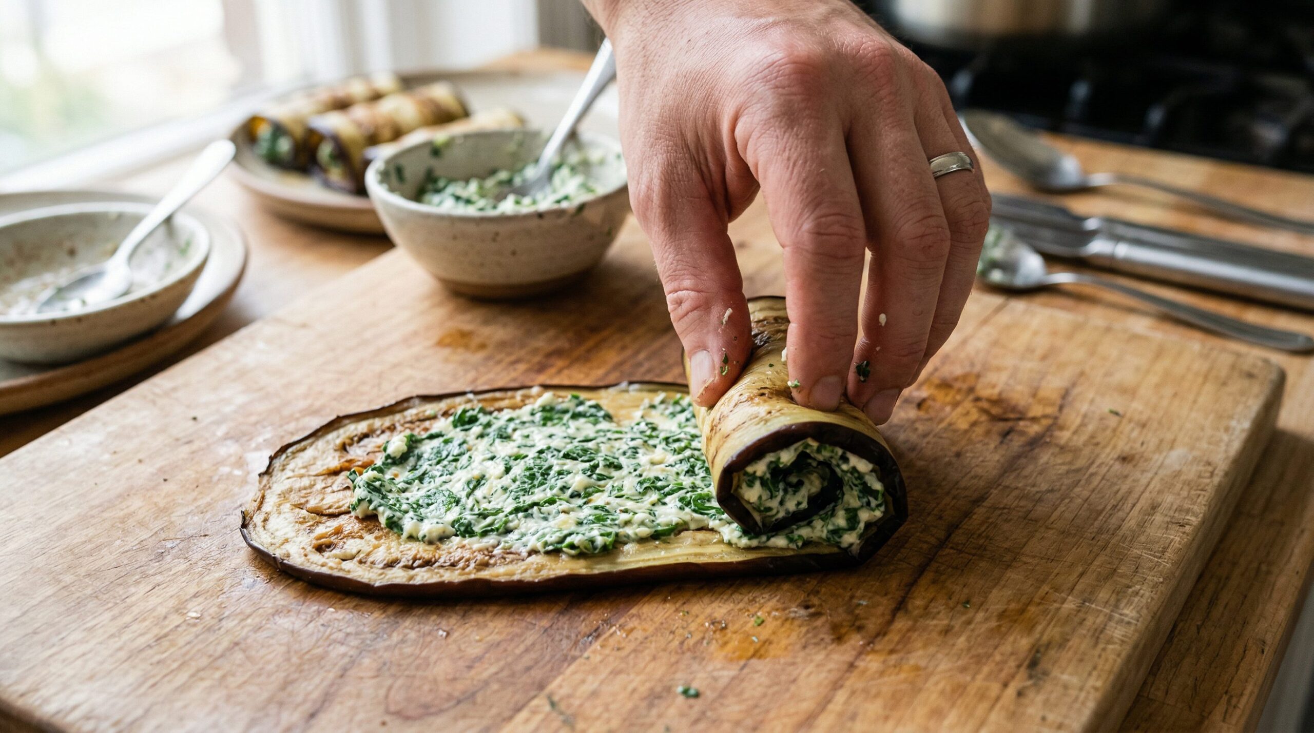 A roasted eggplant slice being filled with spinach ricotta and rolled into a cylinder