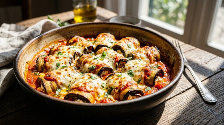 Stunning plated serving of Eggplant Rollatini, a chef-tested recipe by Chef Jorj Morgan.