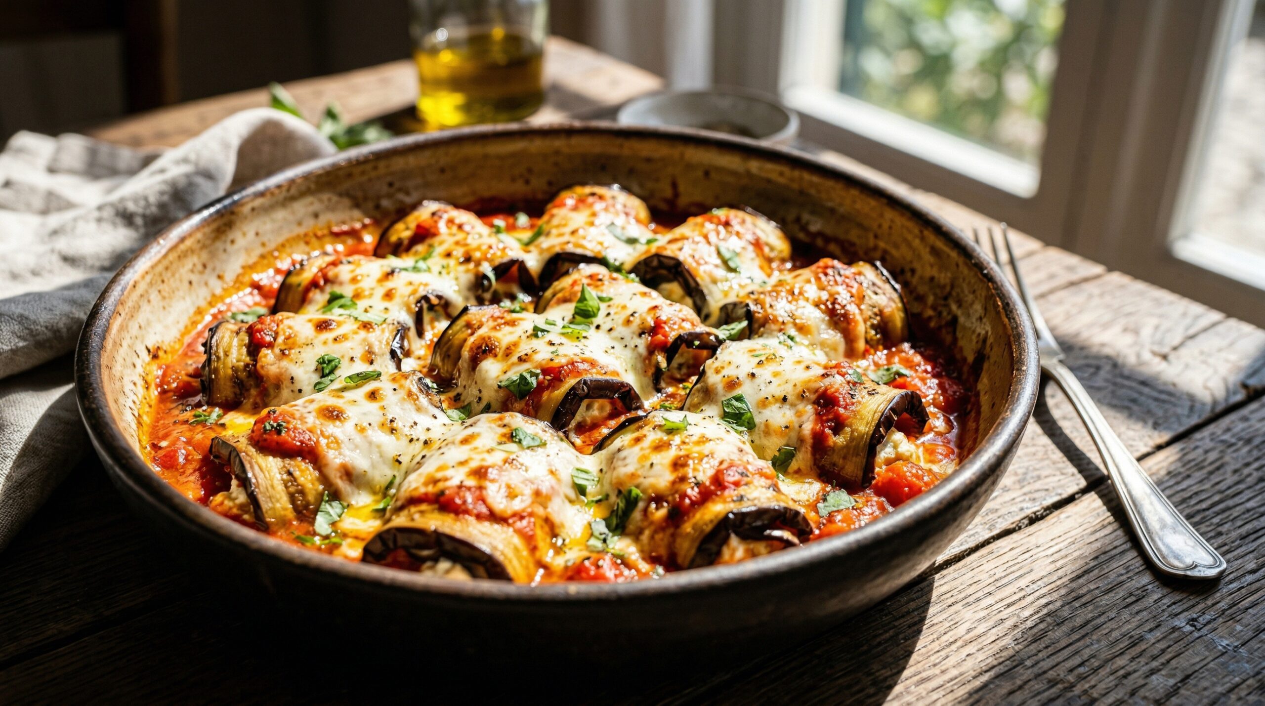 Stunning plated serving of Eggplant Rollatini, a chef-tested recipe by Chef Jorj Morgan.