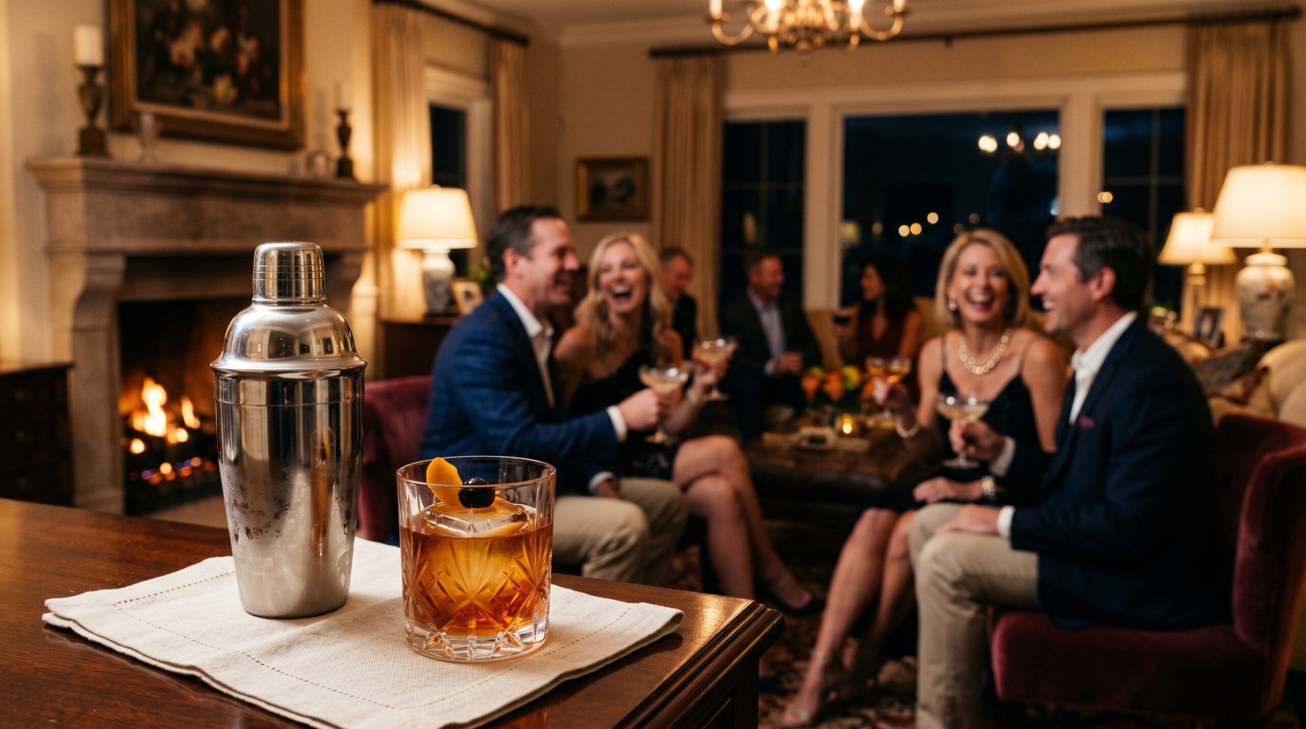 An elegant evening cocktail party with guests gathered and beautifully made drinks in hand