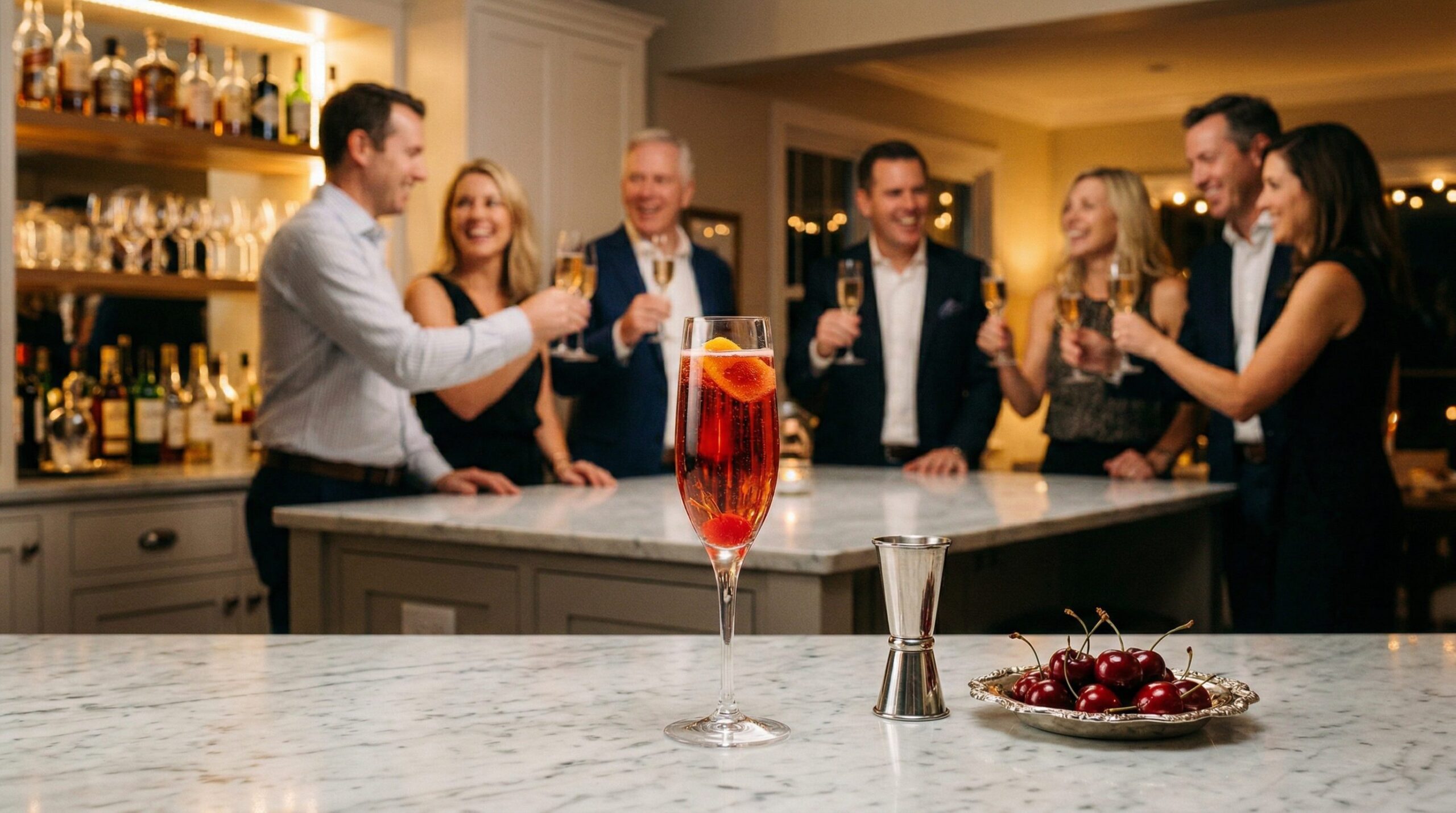 A finished Champagne Cosmo in a crystal flute garnished with cherries in an elegant evening setting