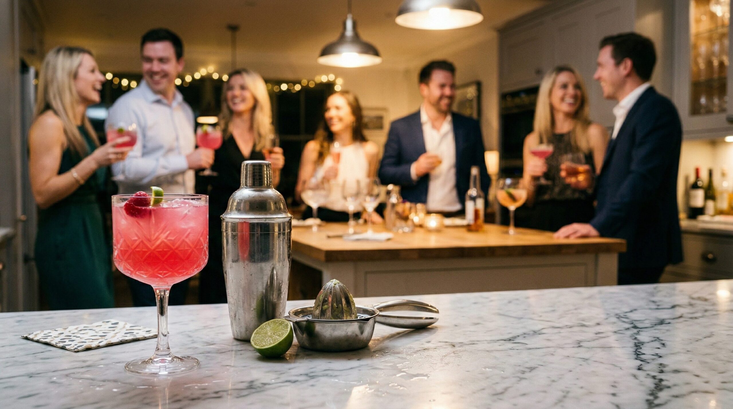 A bright pink Prickled Pink cocktail in a rocks glass with a cinnamon stick, beside a shaker and citrus juicer