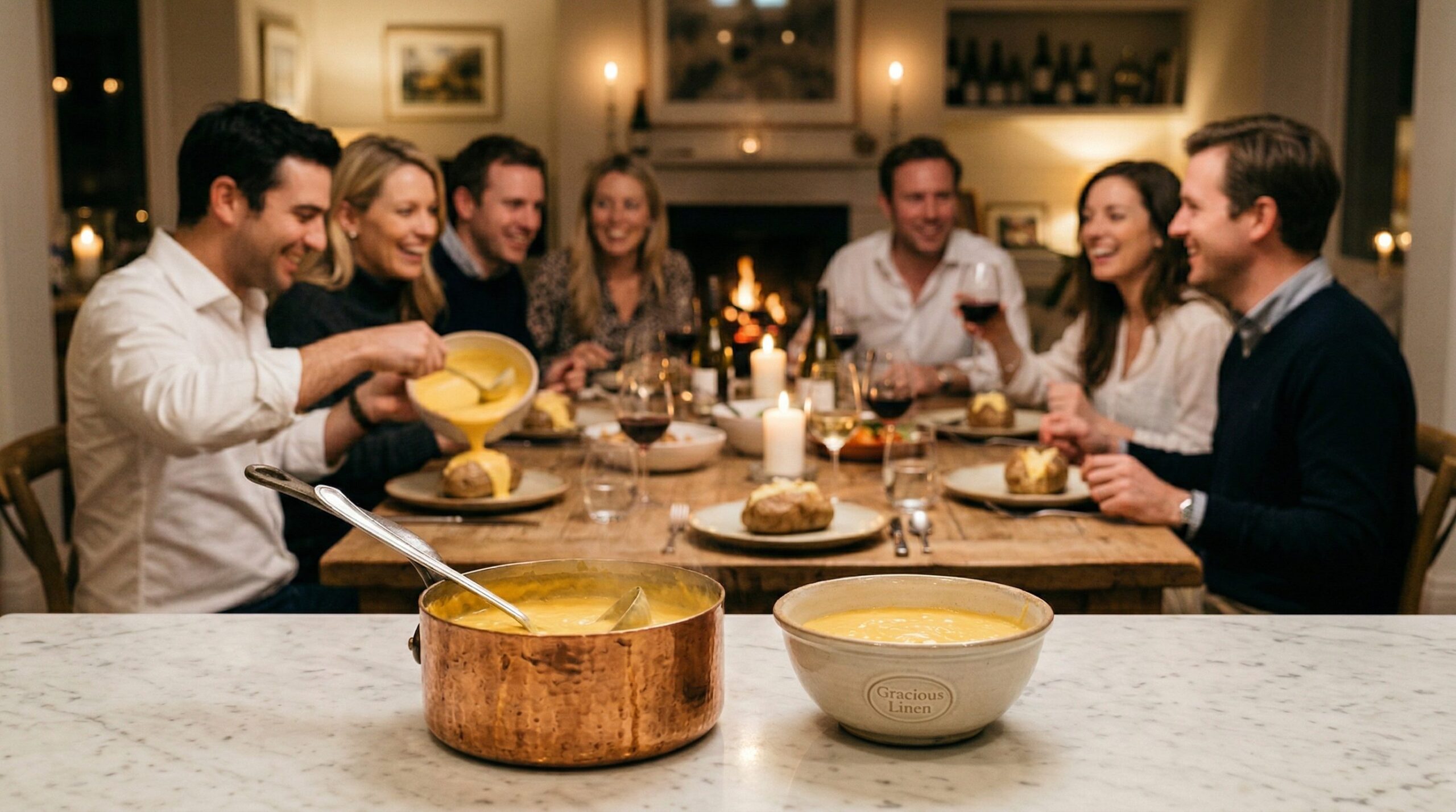 Glossy cheddar cheese sauce poured over a comfort-food dinner on an elegant estate table