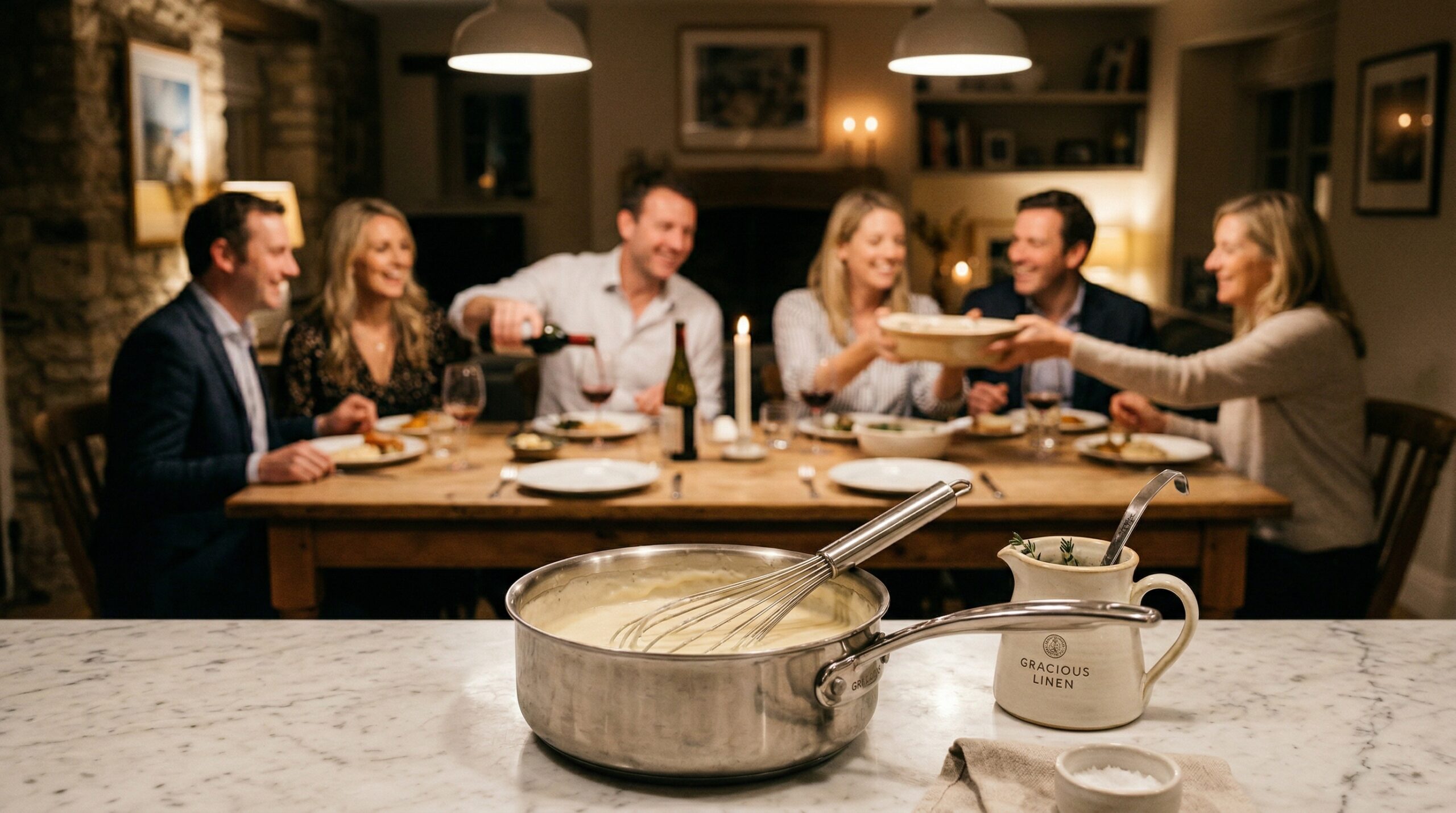 A heavy stainless steel saucepan holding the finished bu00e9chamel, a professional silver whisk, and a small Gracious Linen ceramic pitcher in sharp focus, with an elegant softly lit evening dining room gathering blurred in the background