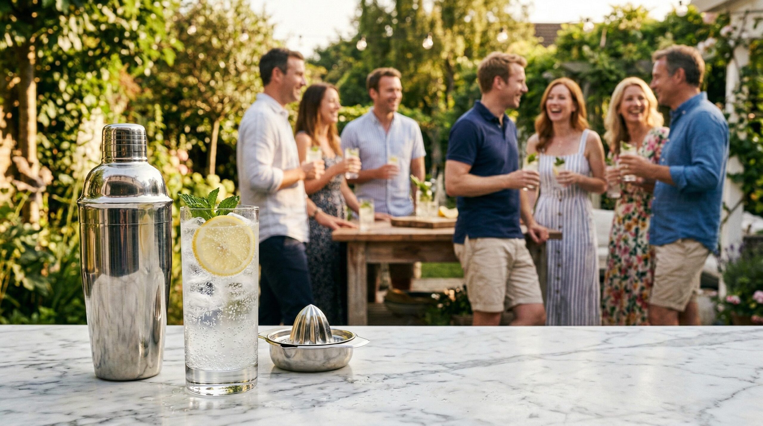 A finished Gin Fizz in a tall crystal glass with a lemon wedge, set in a sunlit bistro-style setting