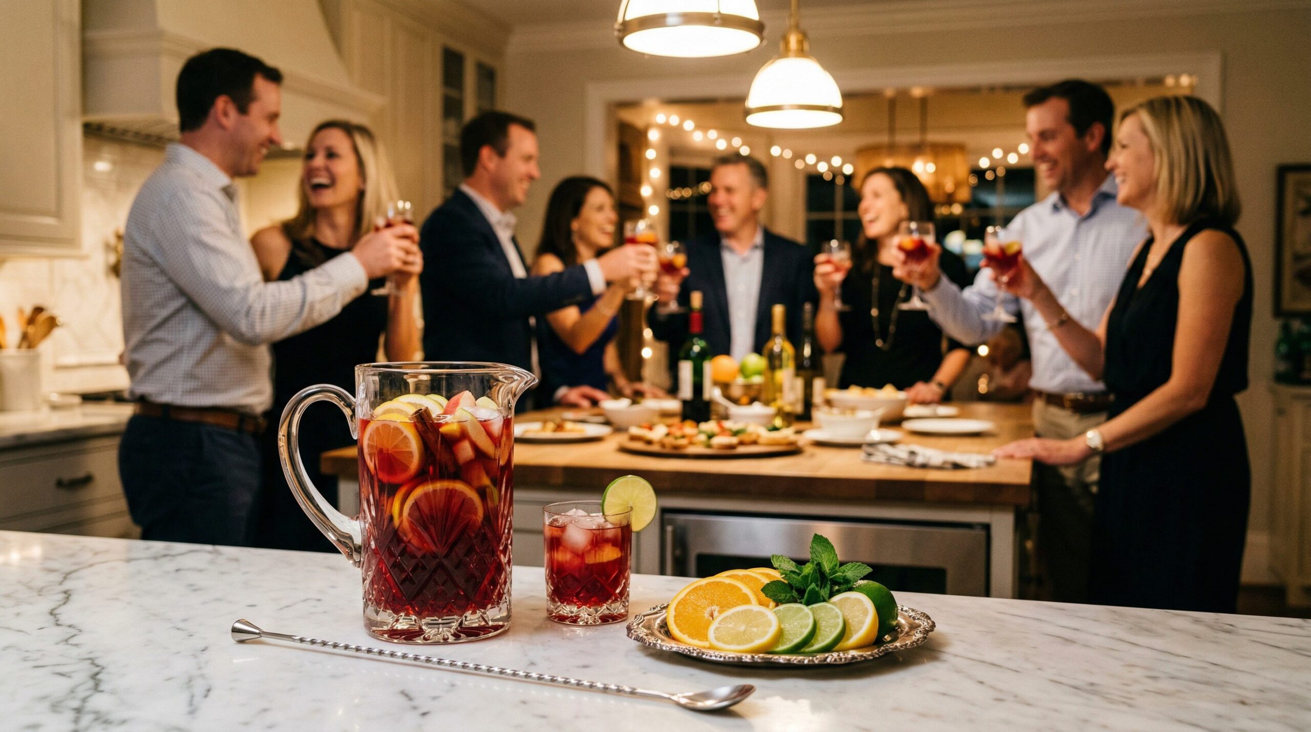 A pitcher and glasses of red sangria full of macerated citrus on a table set for a relaxed evening