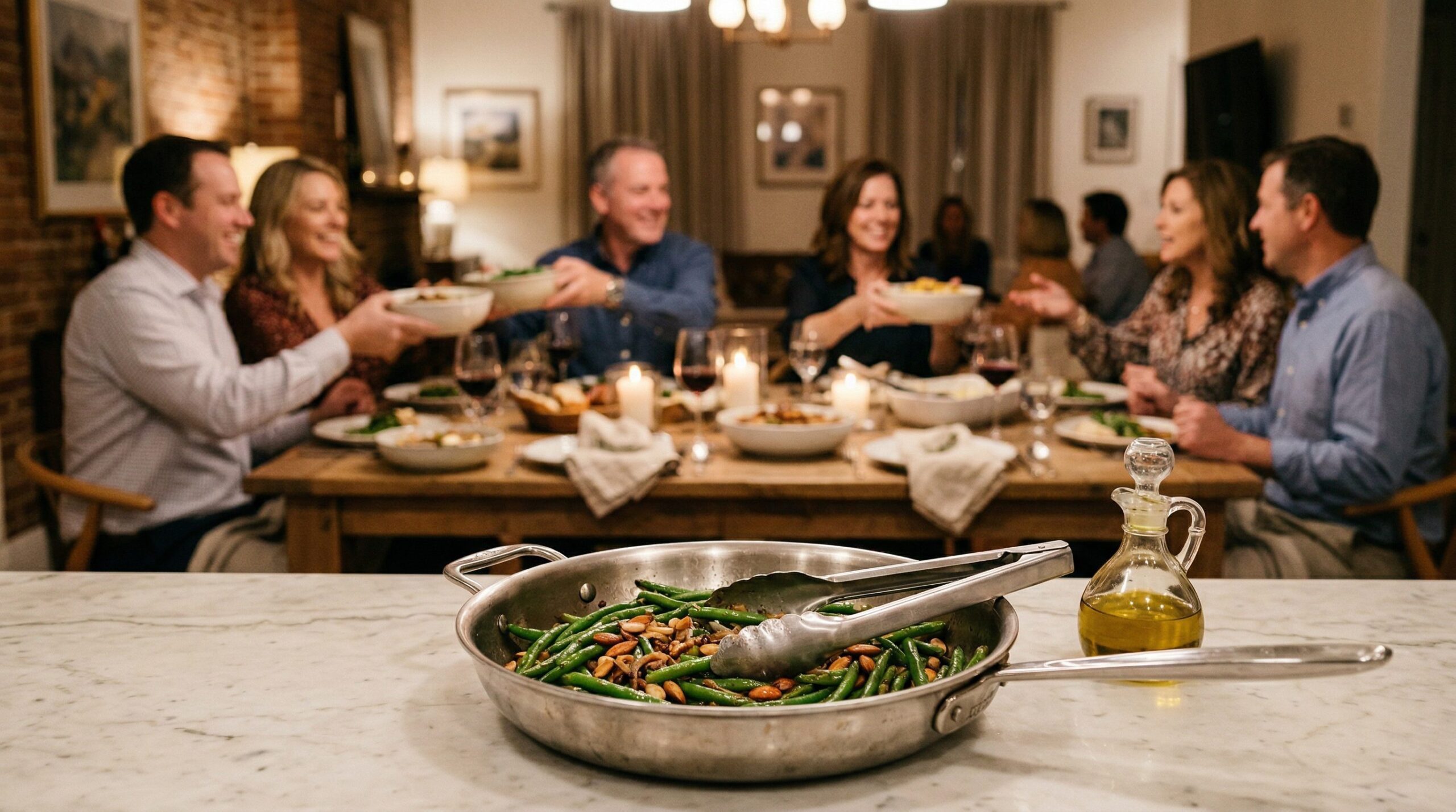 A platter of green beans with golden garlic and sun-dried tomatoes on an estate table