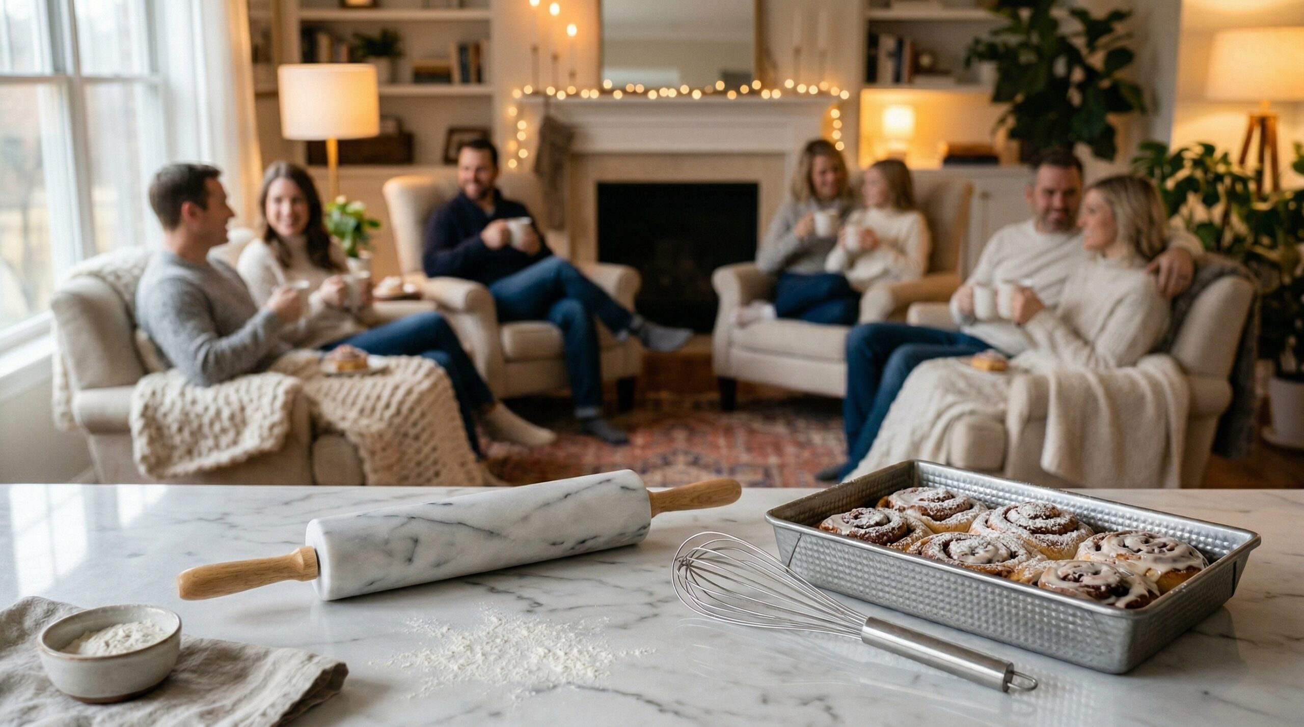 Hygge-inspired gathering with guests enjoying coffee and rolls and baking tools in foreground
