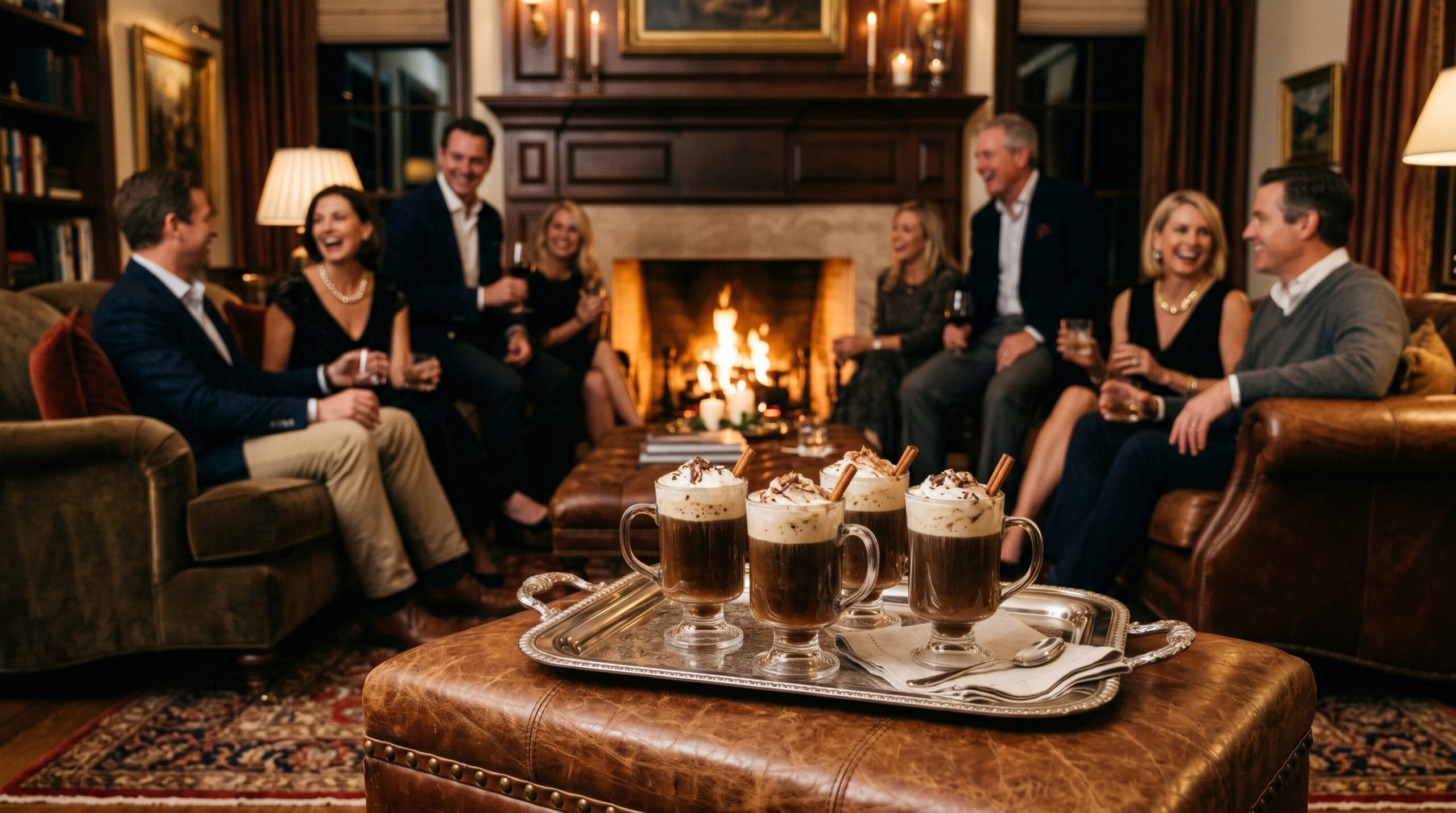 A silver tray of steaming coffee cocktails with whipped cream before a fireside where couples are gathered late in the evening