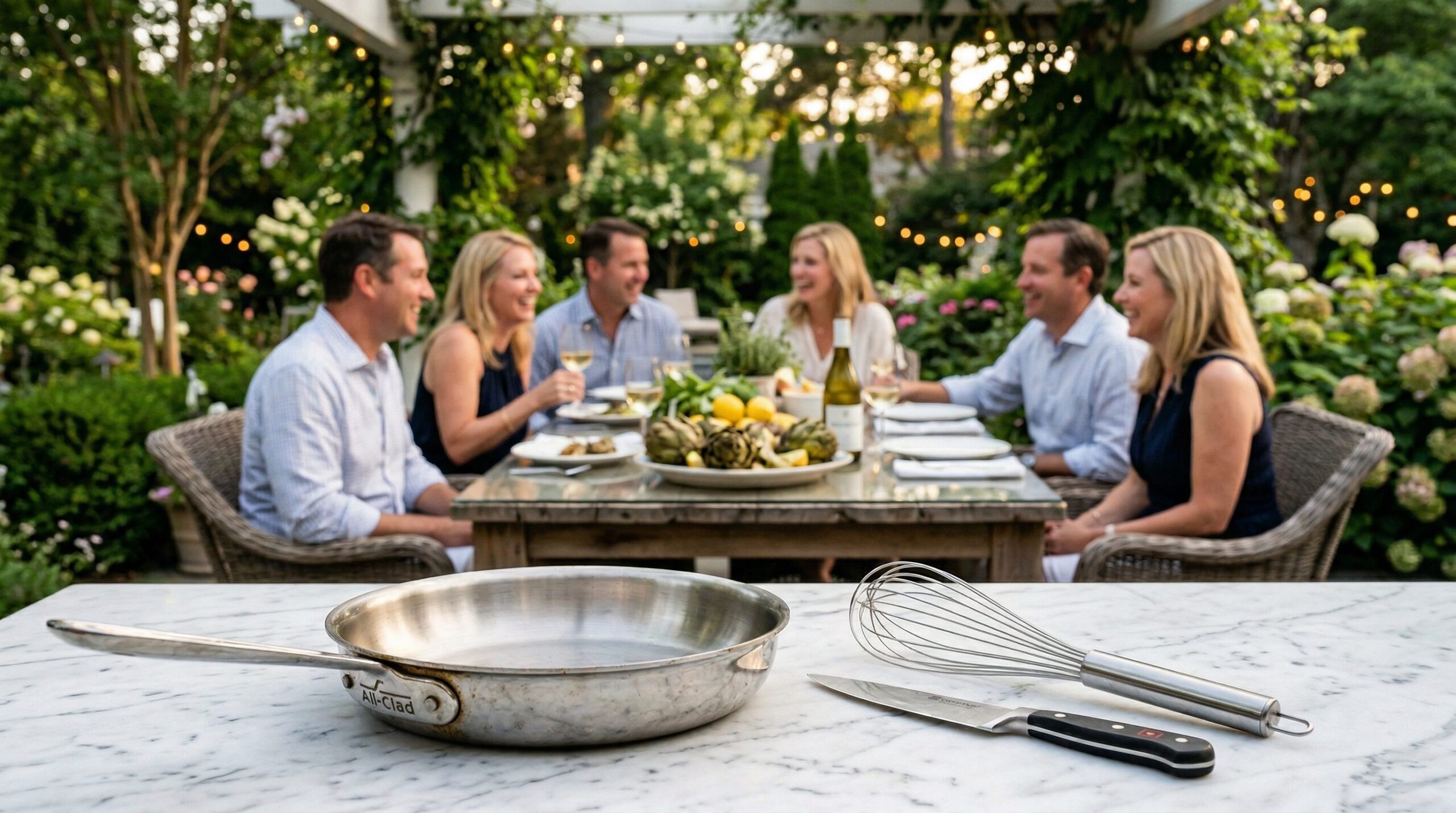 Outdoor garden gathering with guests sharing artichokes at a table with silver kitchen tools in the foreground