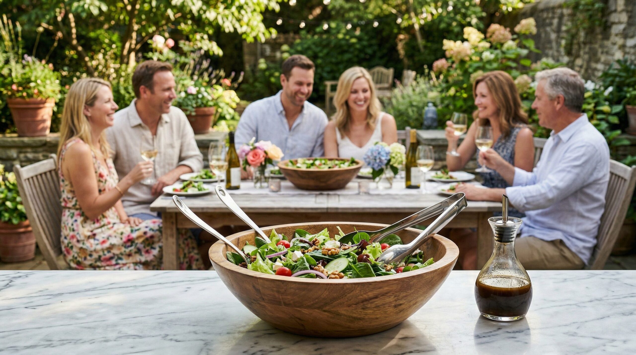 A composed garden harvest chef's salad on an estate garden lunch table