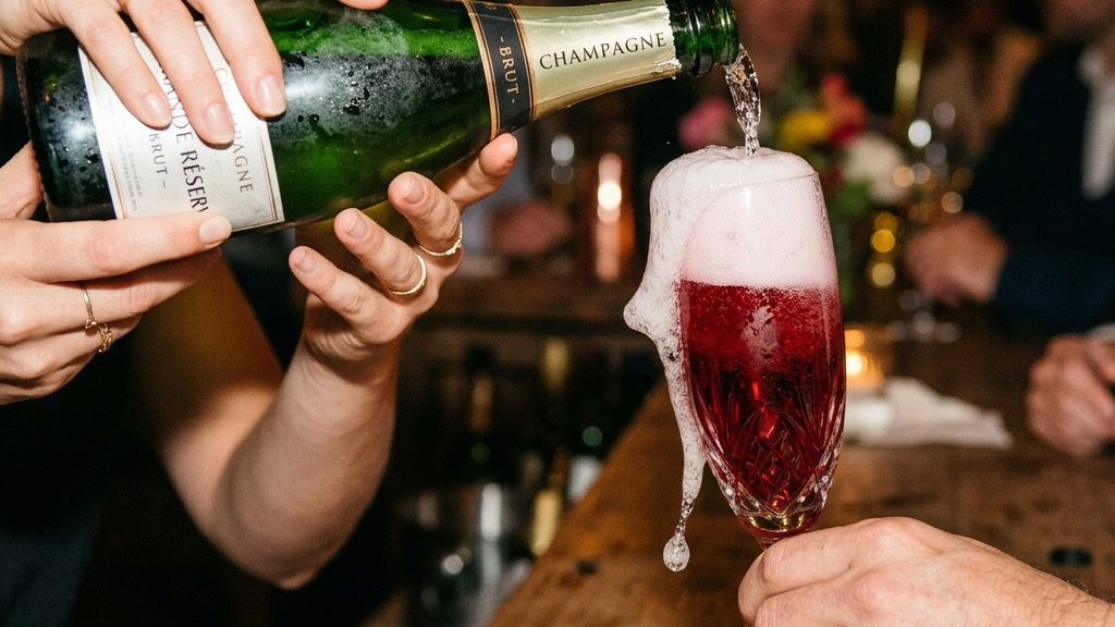 Chilled Champagne being poured into a crystal flute over a ruby-red pomegranate base, raising fine bubbles
