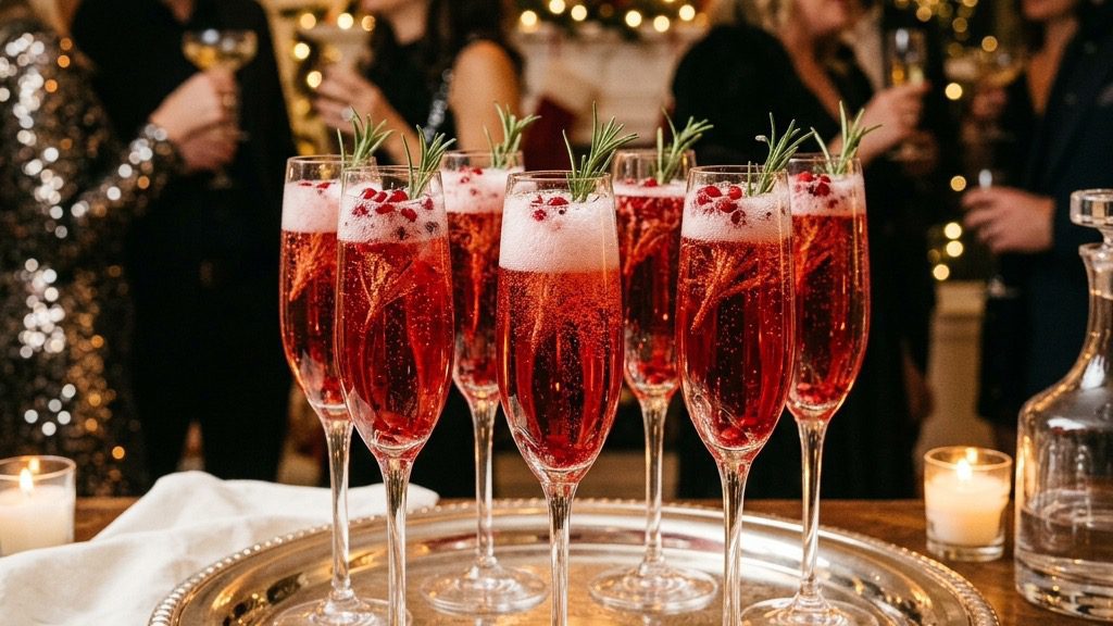 Festive pomegranate sparklers in crystal flutes with floating arils on a table set for a celebration
