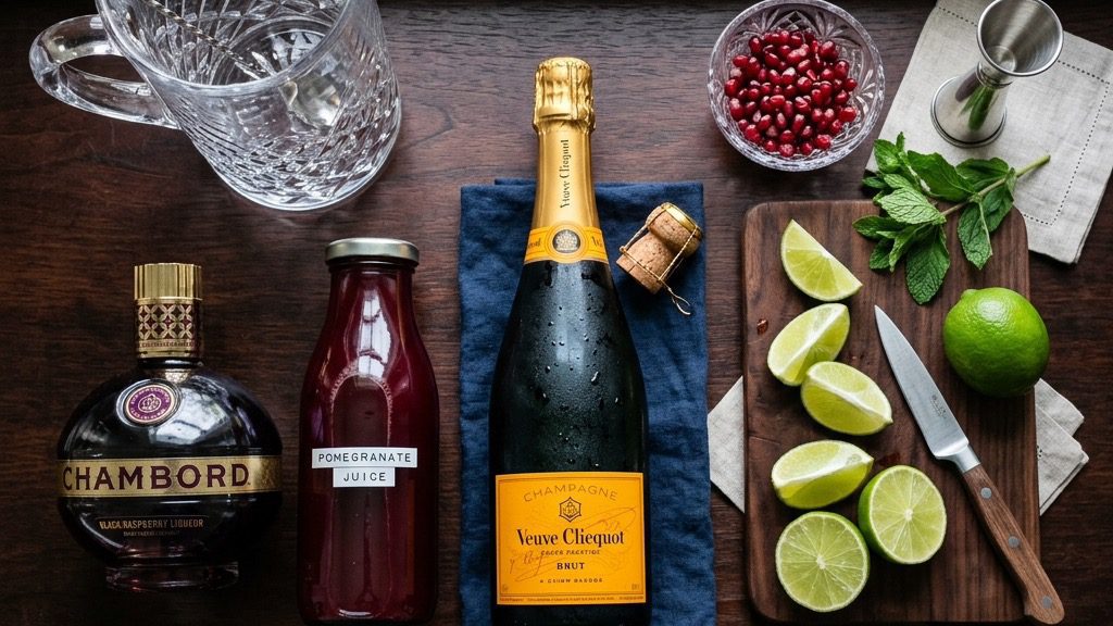 Pomegranate Sparkler ingredients on marble: fresh pomegranate juice, Chambord, a bottle of dry Champagne, and fresh limes