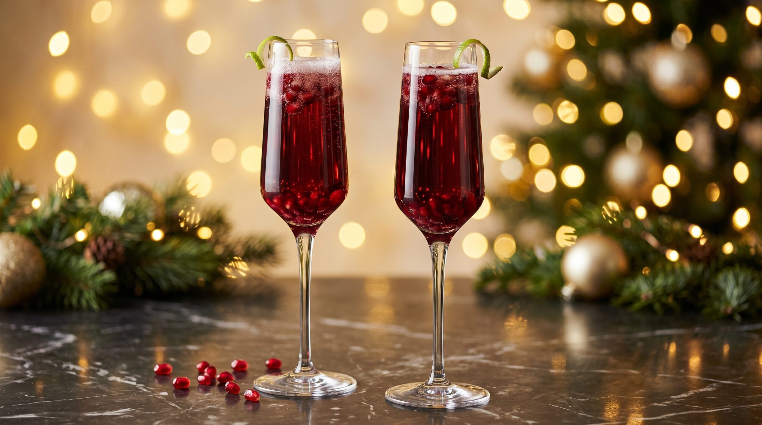 Stunning plated serving of Festive Pomegranate Sparkler, a chef-tested recipe by Chef Jorj Morgan.