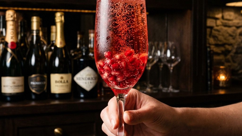 Stunning plated serving of Festive Pomegranate Sparkler, a chef-tested recipe by Chef Jorj Morgan.
