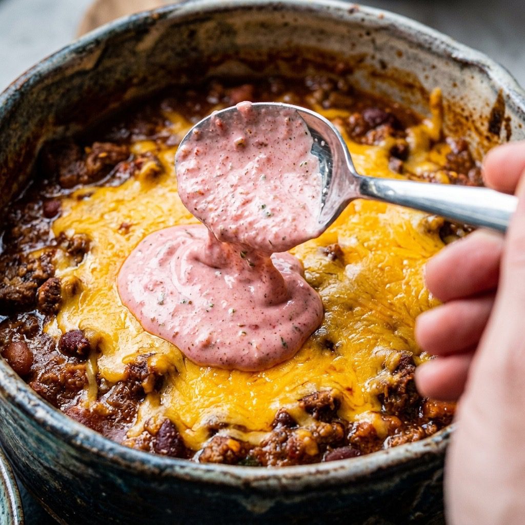 Extreme close-up action shot dolloping pink salsa-sour cream mixture over melted cheddar and beef chili
