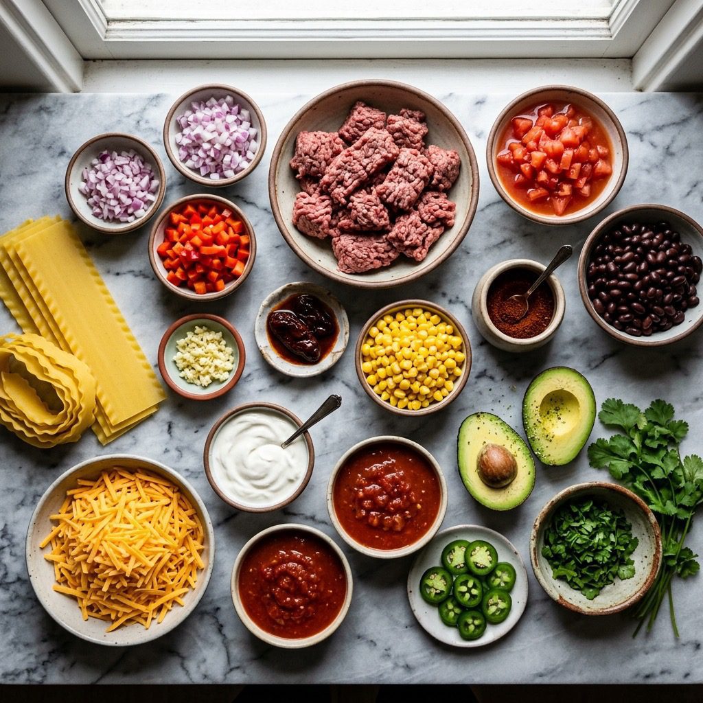 Overhead prep shot of ground chuck, red onion, bell pepper, garlic, chipotle pepper, corn, diced tomatoes, black beans, spices, fresh lasagna noodles, cheddar, sour cream, salsa, and garnishes