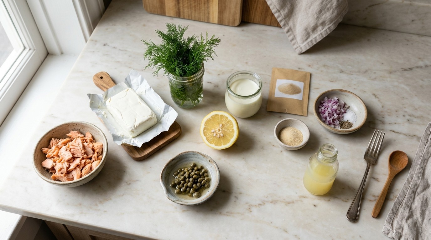 Flaked salmon, cream cheese, herbs, and lemon arranged for salmon mousse